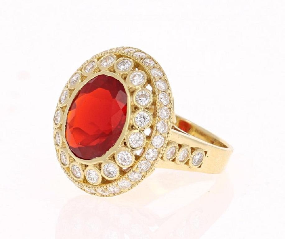 4.90 Carat Mexican Fire Opal Diamond 18 Karat Yellow Gold Cocktail Ring