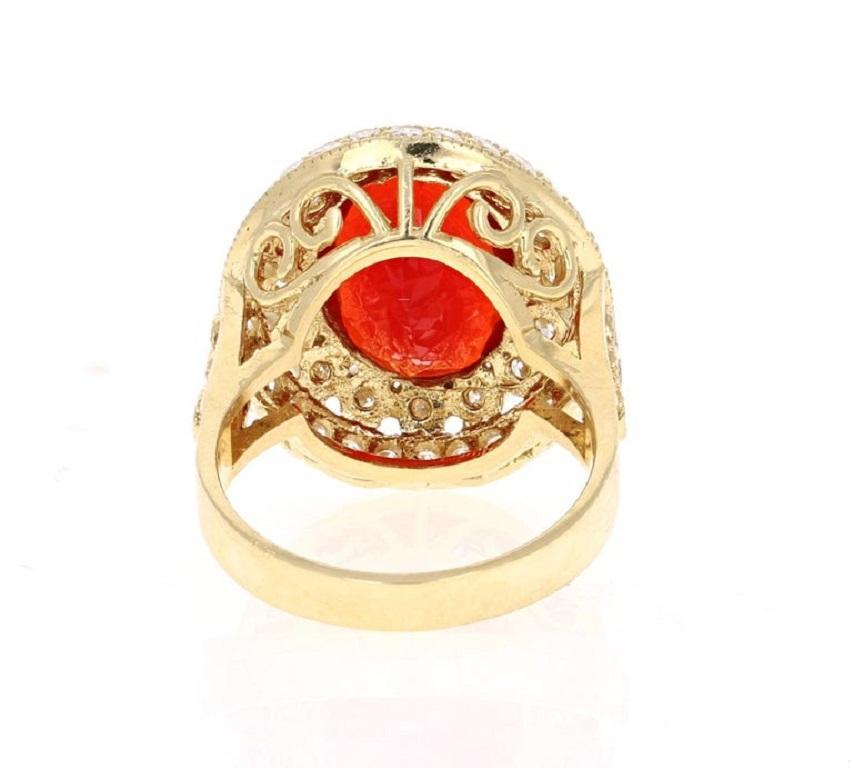 4.90 Carat Mexican Fire Opal Diamond 18 Karat Yellow Gold Cocktail Ring