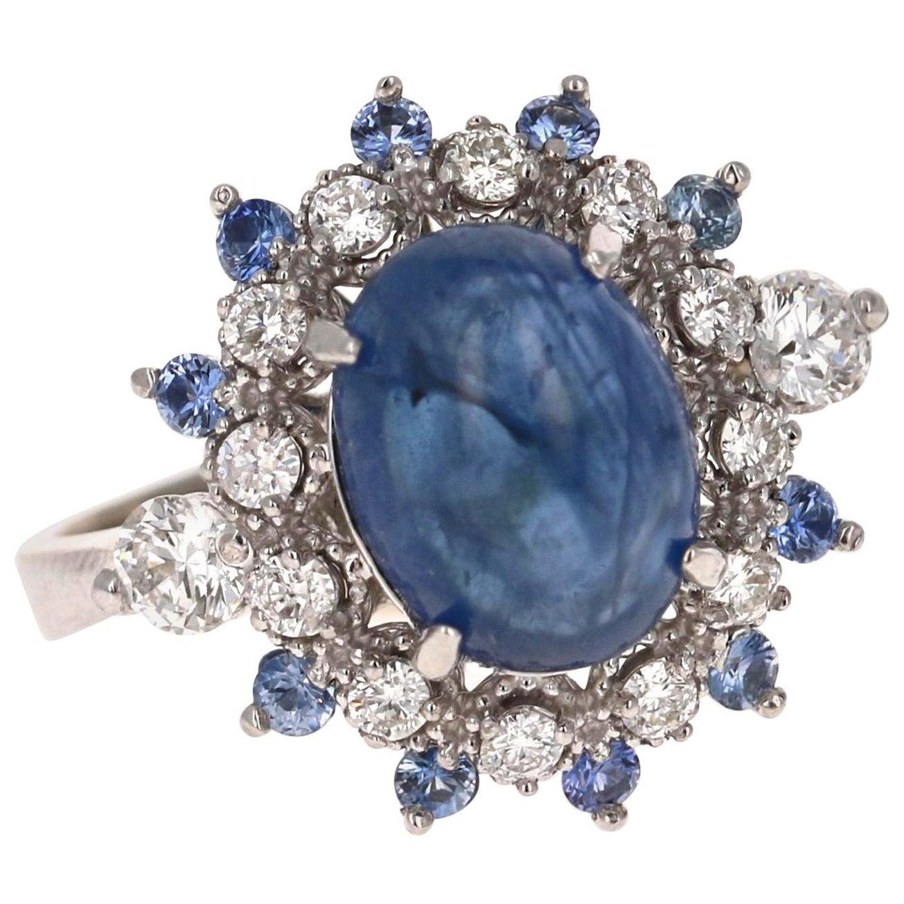 5.20 Carat Sapphire Diamond 14K White Gold Cocktail Ring