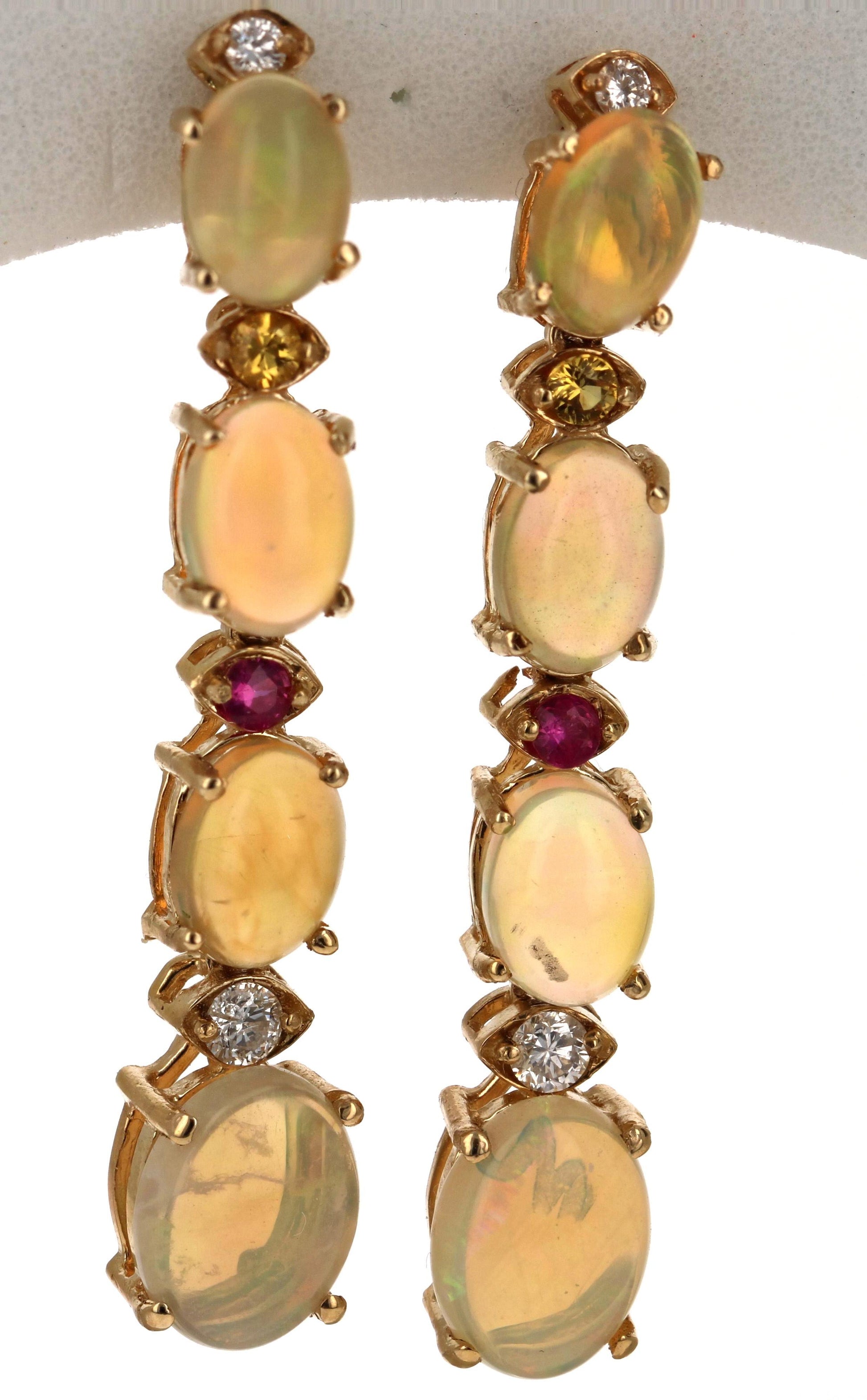 5.62 Carat Opal, Sapphire, Diamond 14 Karat Dangling Gold Earrings