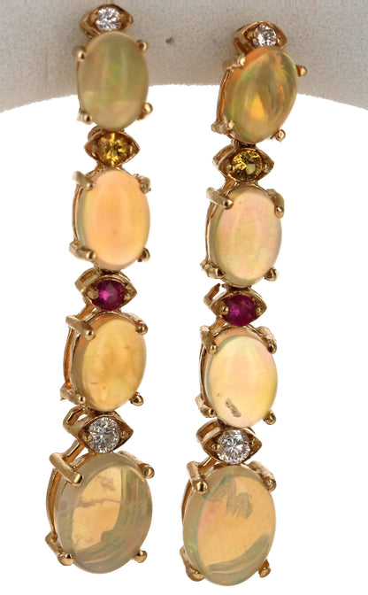 5.62 Carat Opal, Sapphire, Diamond 14 Karat Dangling Gold Earrings