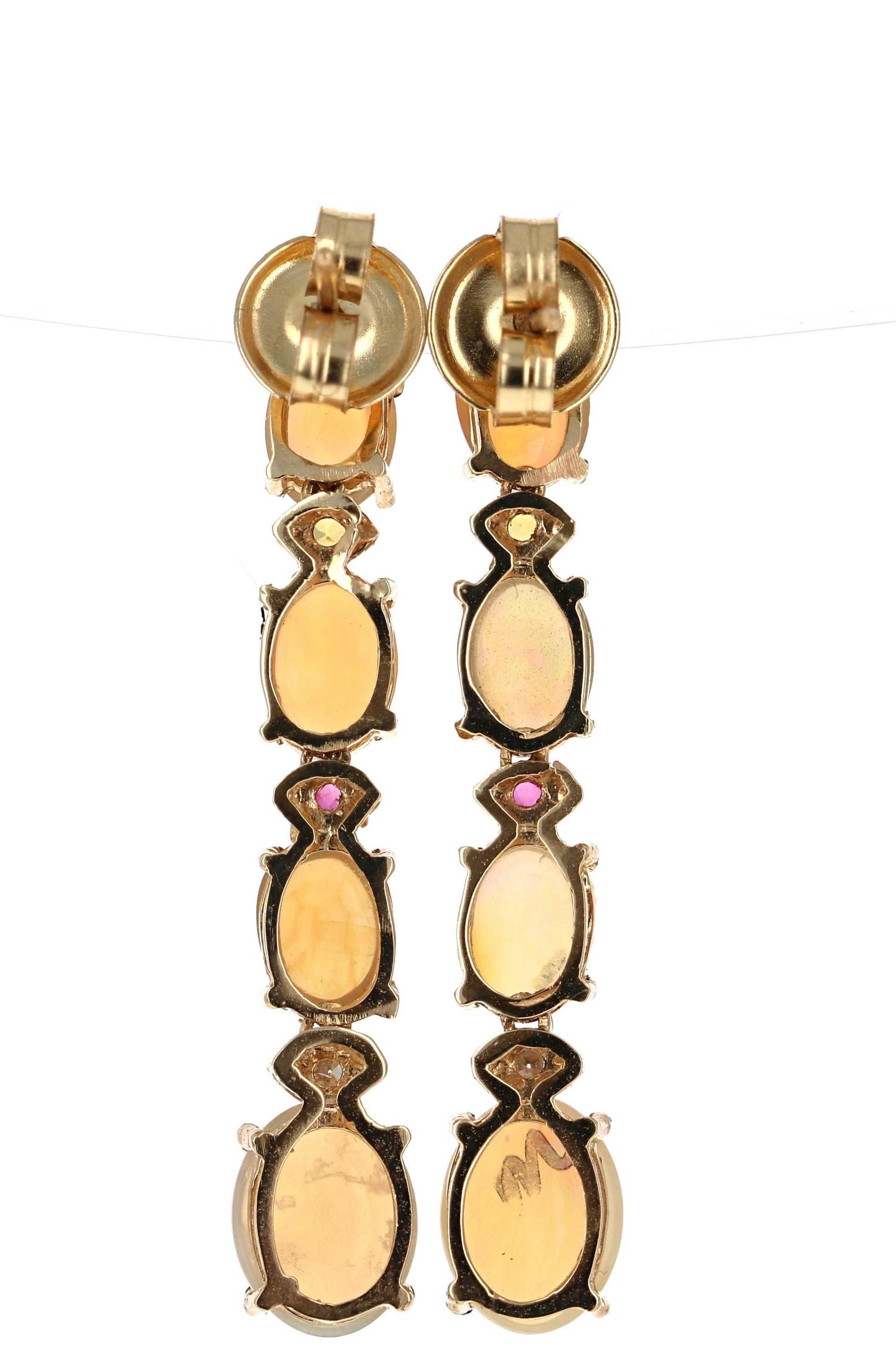 5.62 Carat Opal, Sapphire, Diamond 14 Karat Dangling Gold Earrings