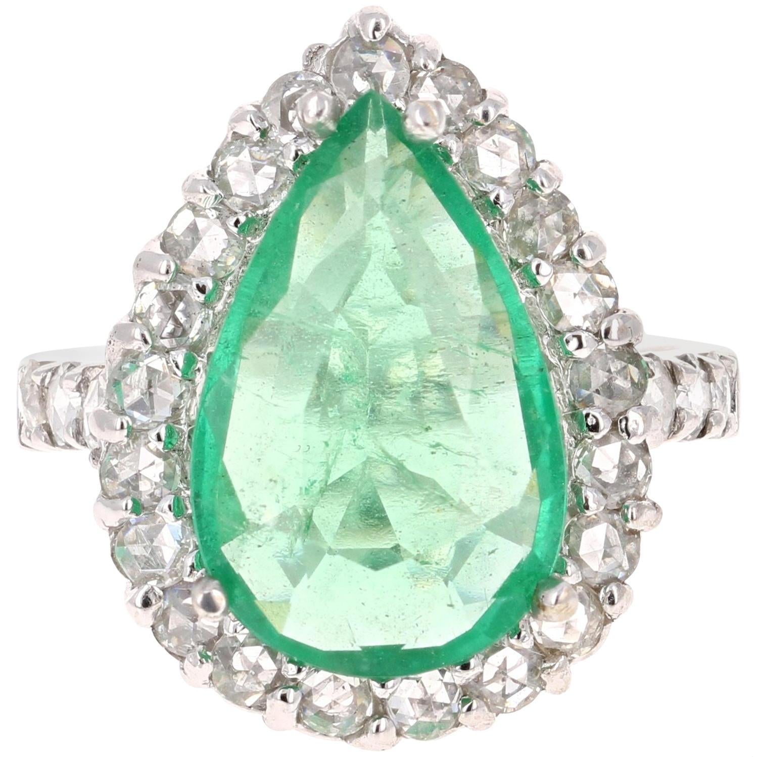 5.67 Carat Pear Cut Emerald Diamond 14 Karat White Gold Vintage Ring