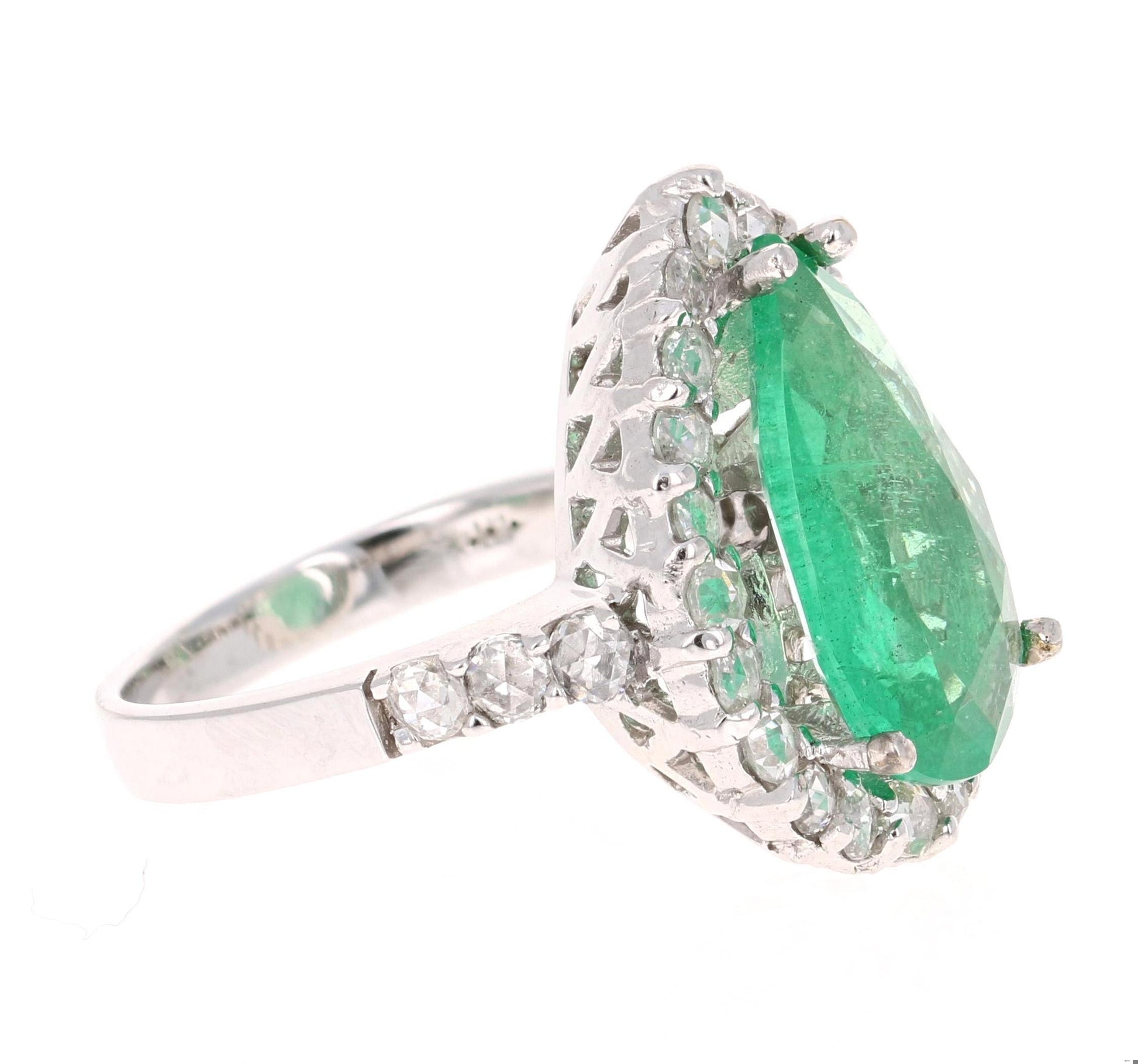 5.67 Carat Pear Cut Emerald Diamond 14 Karat White Gold Vintage Ring