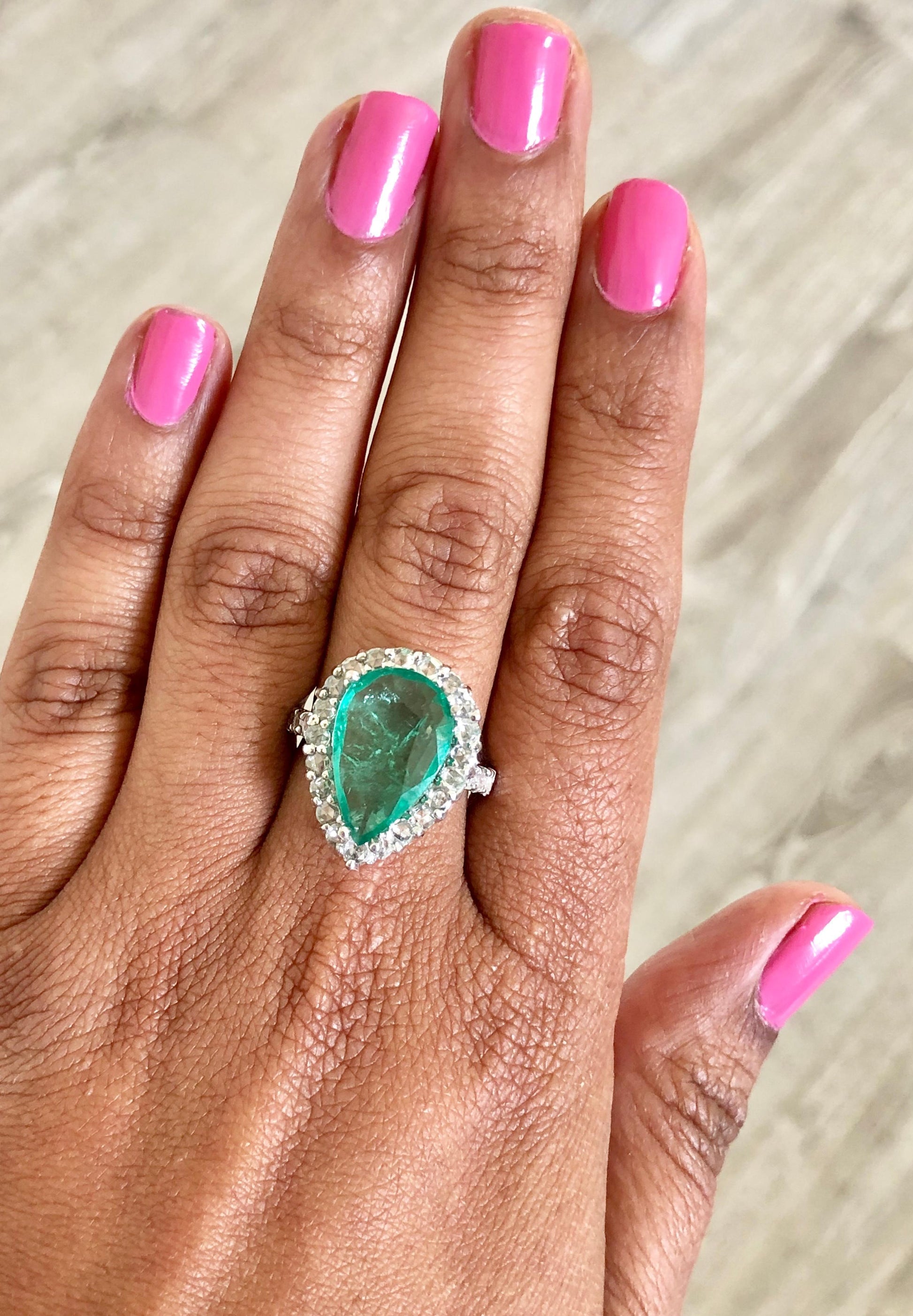 5.67 Carat Pear Cut Emerald Diamond 14 Karat White Gold Vintage Ring
