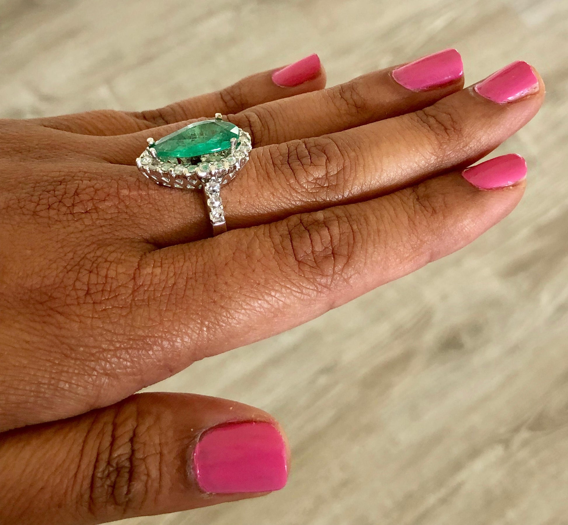 5.67 Carat Pear Cut Emerald Diamond 14 Karat White Gold Vintage Ring