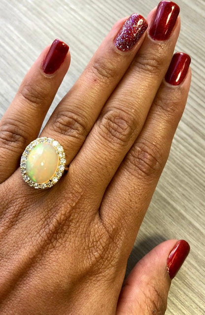 5.96 Carat Oval Cut Opal Diamond Yellow Gold Ring