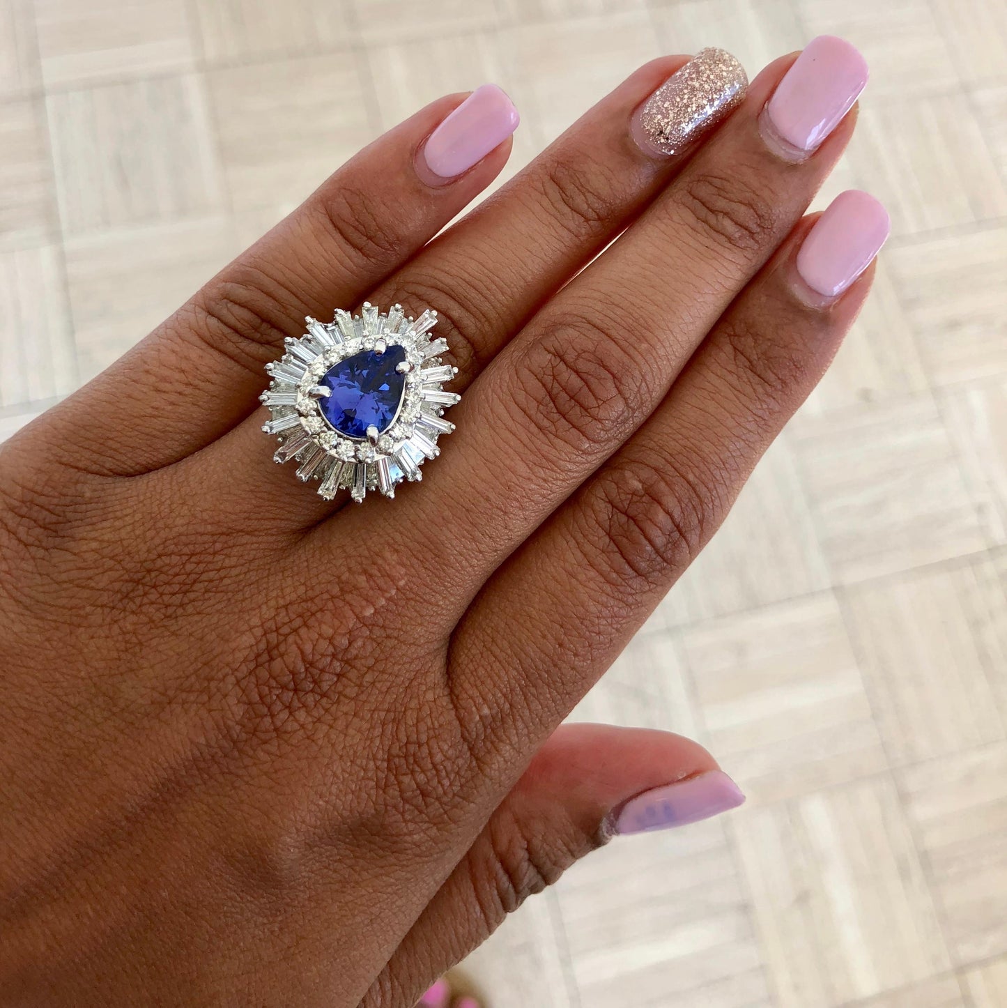 6.16 Carat Ballerina Tanzanite Diamond Cocktail Ring 14 Karat White Gold