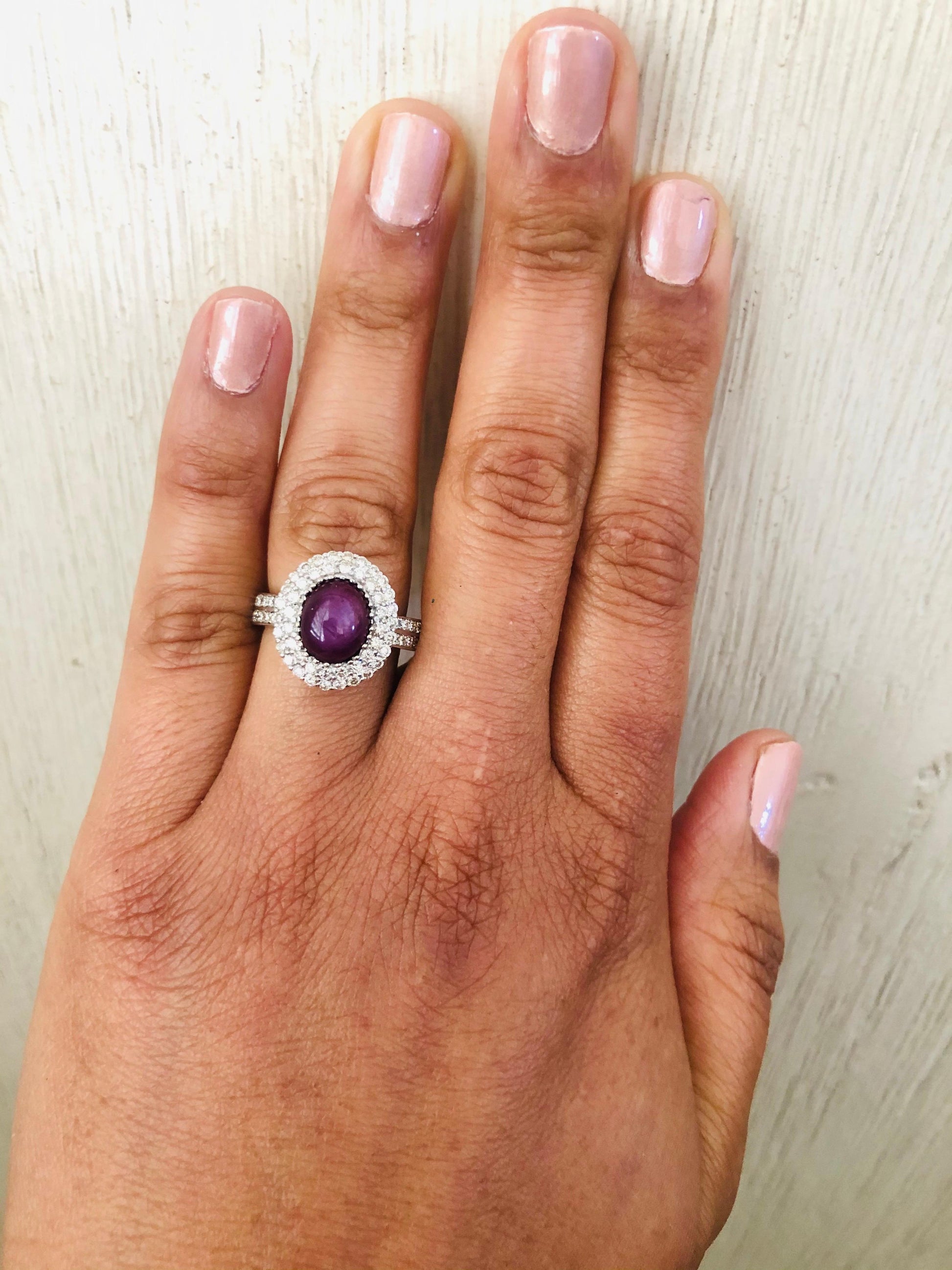 6.57 Carat Non Heated Cabochon Star Ruby Diamond 14 Karat Engagement Ring