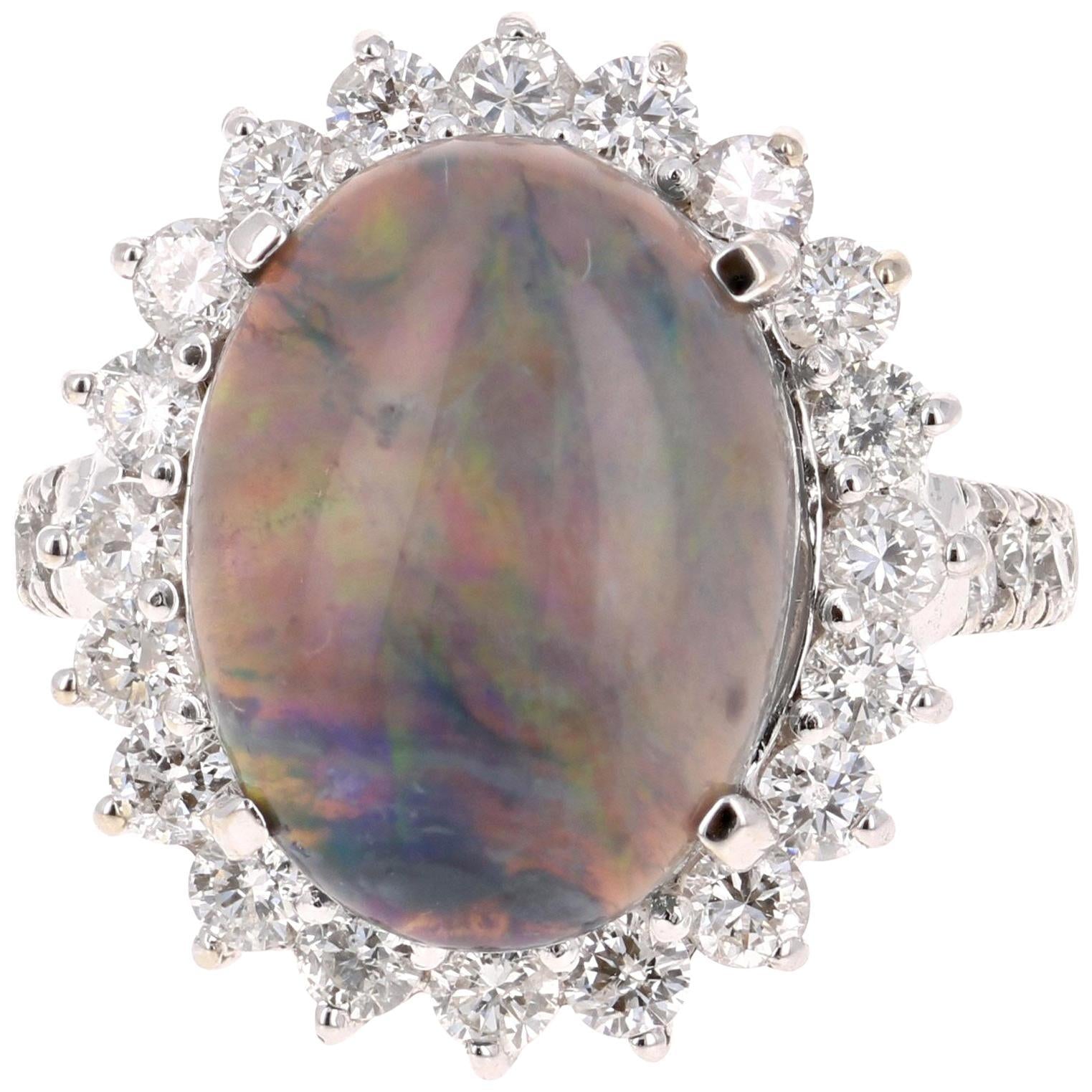 7.06 Carat Black Opal Diamond 14 Karat White Gold Ring