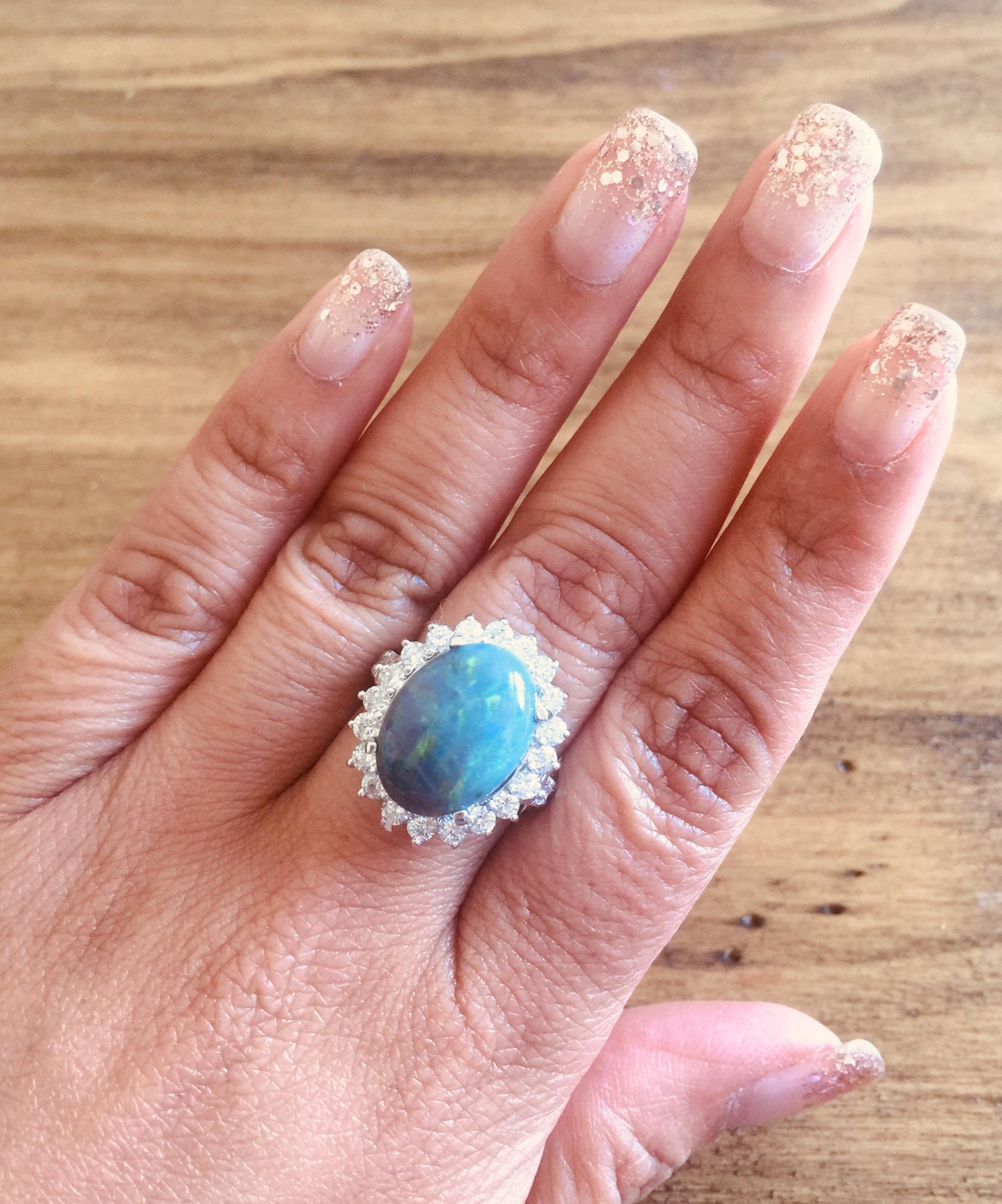 7.06 Carat Black Opal Diamond 14 Karat White Gold Ring