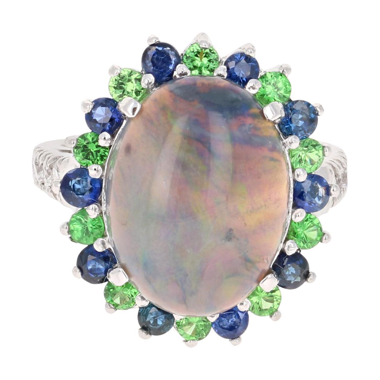 7.24 Carat Opal Sapphire Tsavorite Diamond Cocktail Ring 14 Karat White Gold
