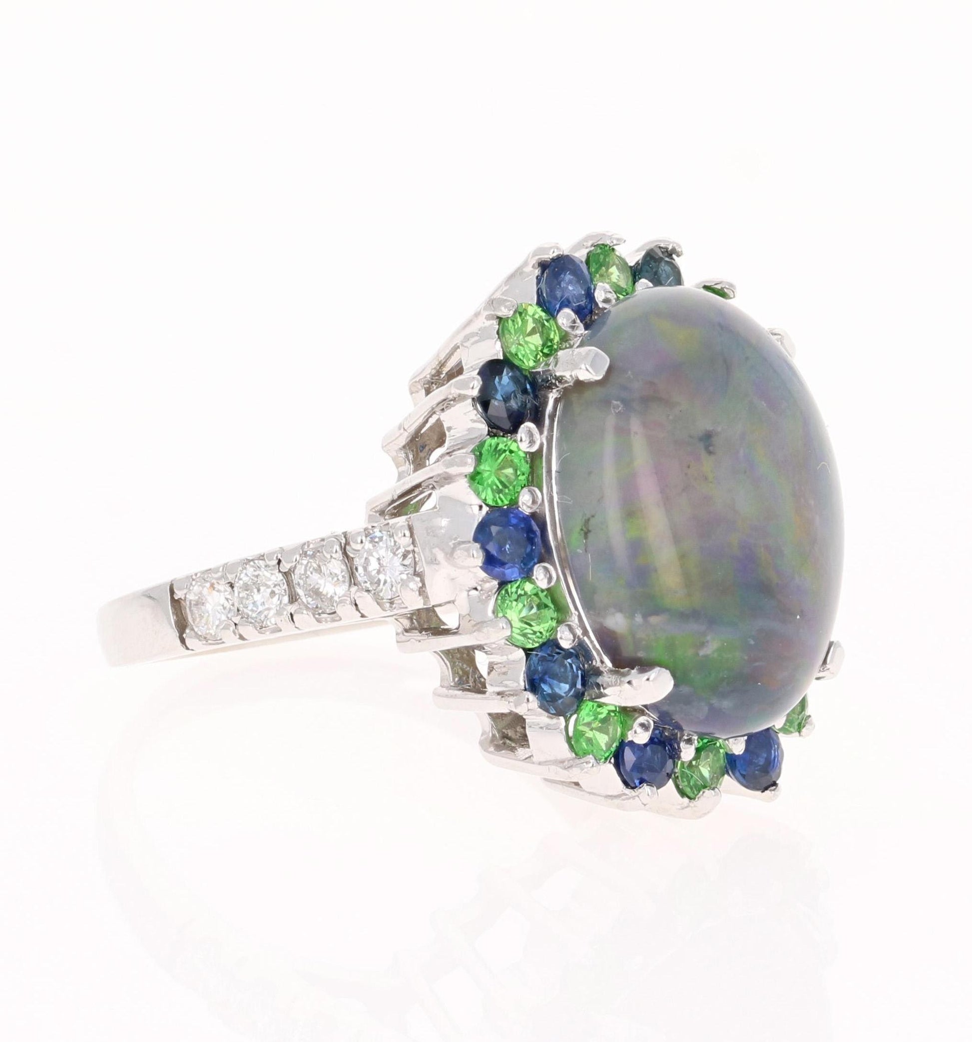 7.24 Carat Opal Sapphire Tsavorite Diamond Cocktail Ring 14 Karat White Gold