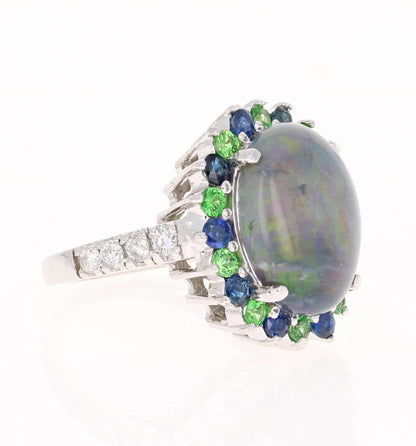 7.24 Carat Opal Sapphire Tsavorite Diamond Cocktail Ring 14 Karat White Gold