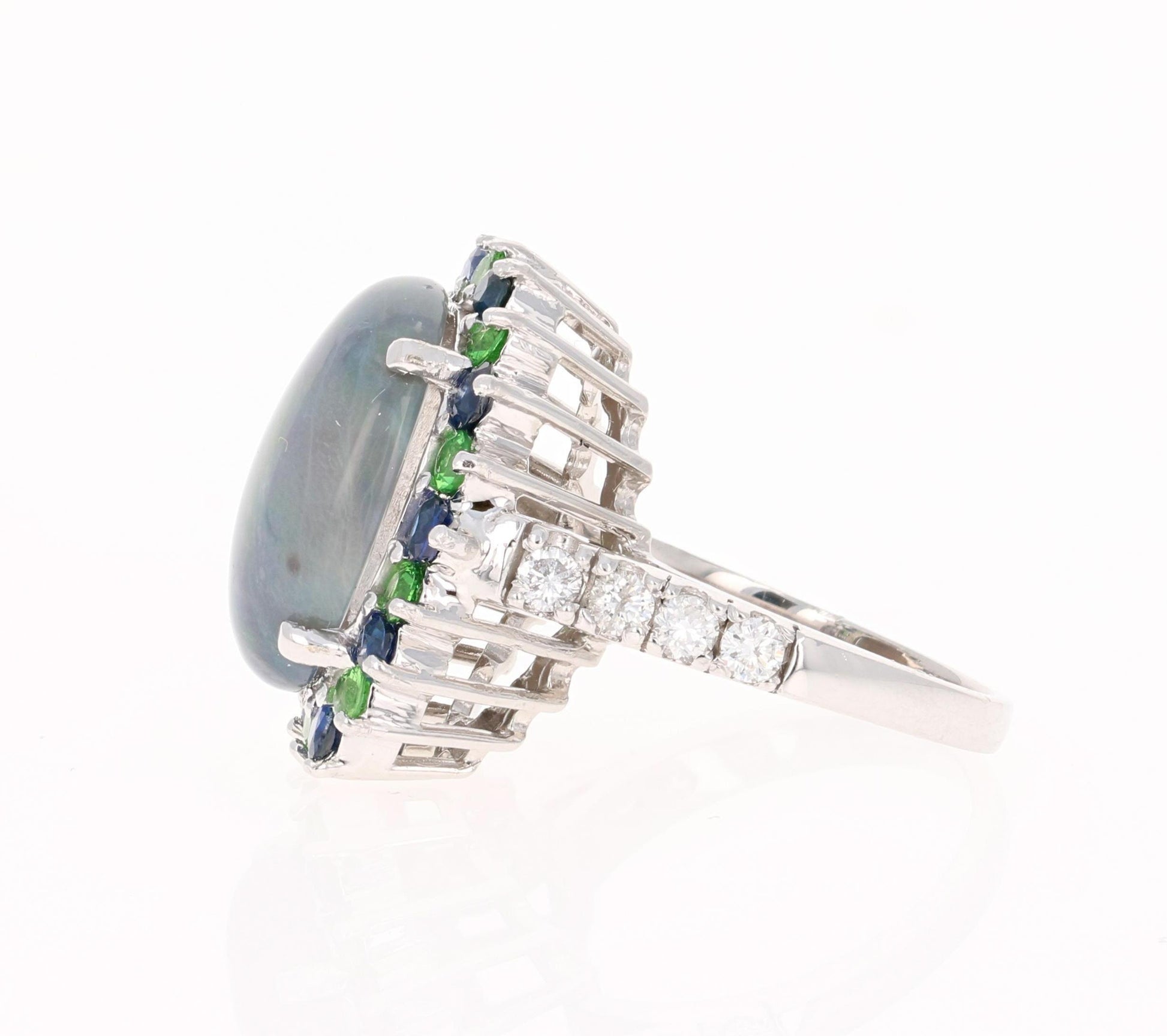 7.24 Carat Opal Sapphire Tsavorite Diamond Cocktail Ring 14 Karat White Gold