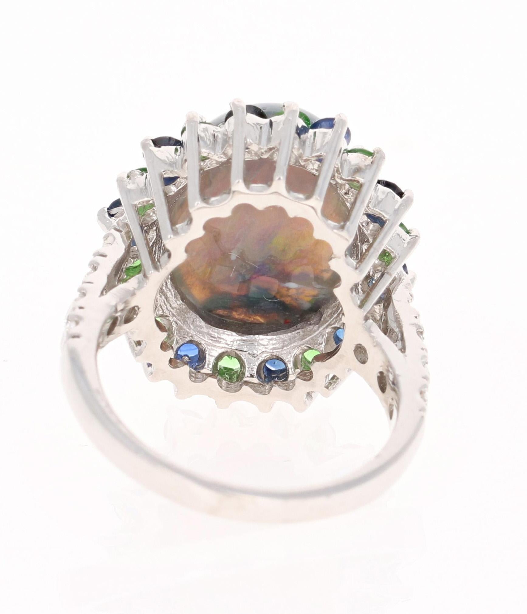 7.24 Carat Opal Sapphire Tsavorite Diamond Cocktail Ring 14 Karat White Gold