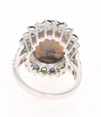 7.24 Carat Opal Sapphire Tsavorite Diamond Cocktail Ring 14 Karat White Gold