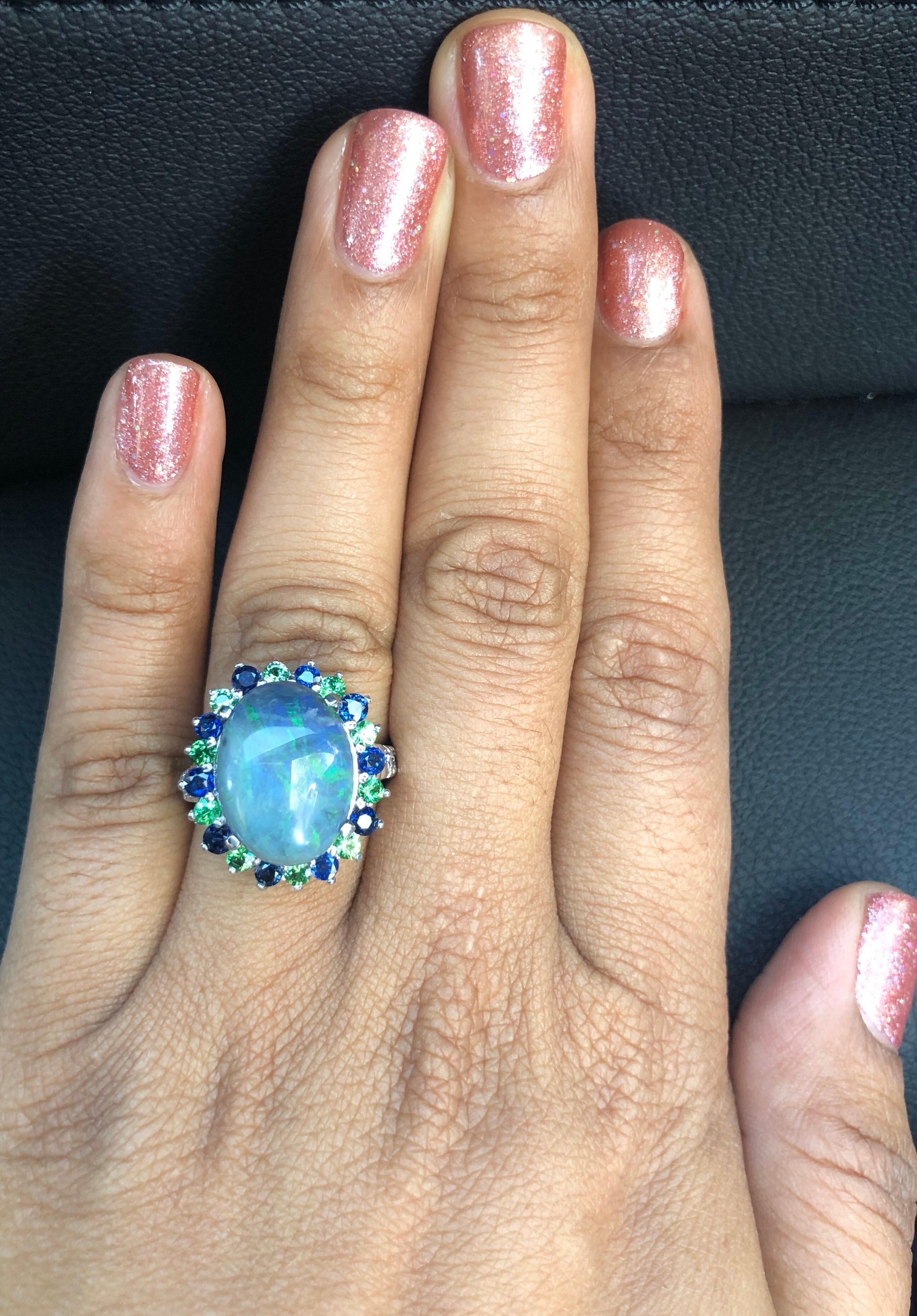 7.24 Carat Opal Sapphire Tsavorite Diamond Cocktail Ring 14 Karat White Gold