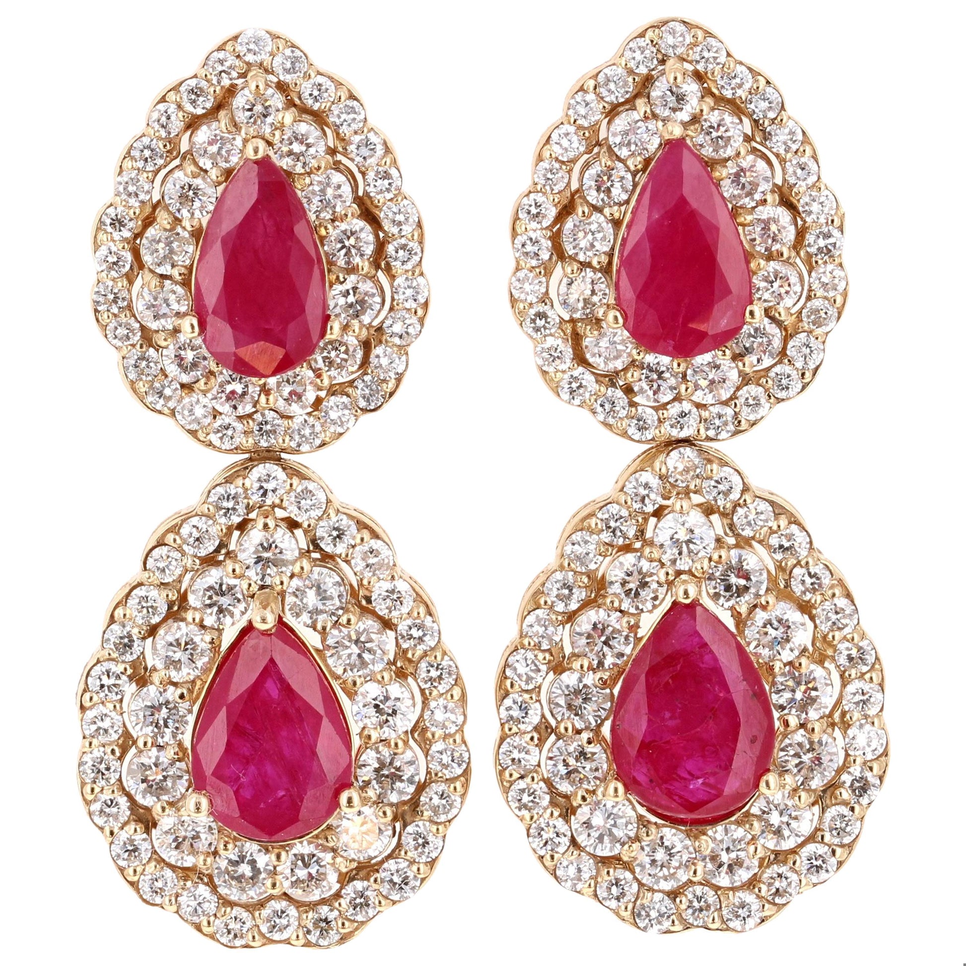 7.77 Carat Natural Ruby Diamond Yellow Gold Drop Earrings