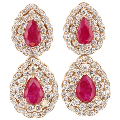 7.77 Carat Natural Ruby Diamond Yellow Gold Drop Earrings