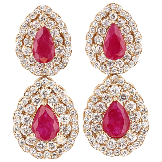 7.77 Carat Natural Ruby Diamond Yellow Gold Drop Earrings