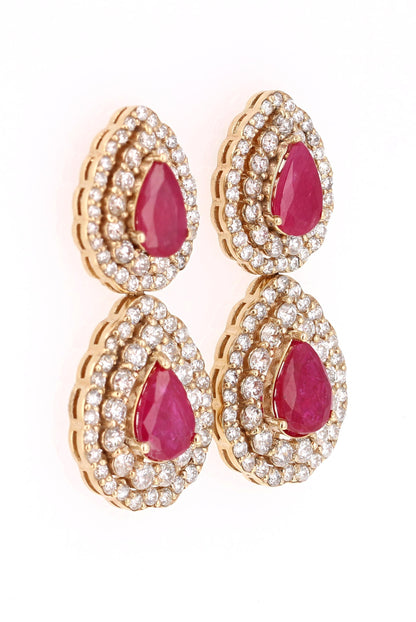 7.77 Carat Natural Ruby Diamond Yellow Gold Drop Earrings