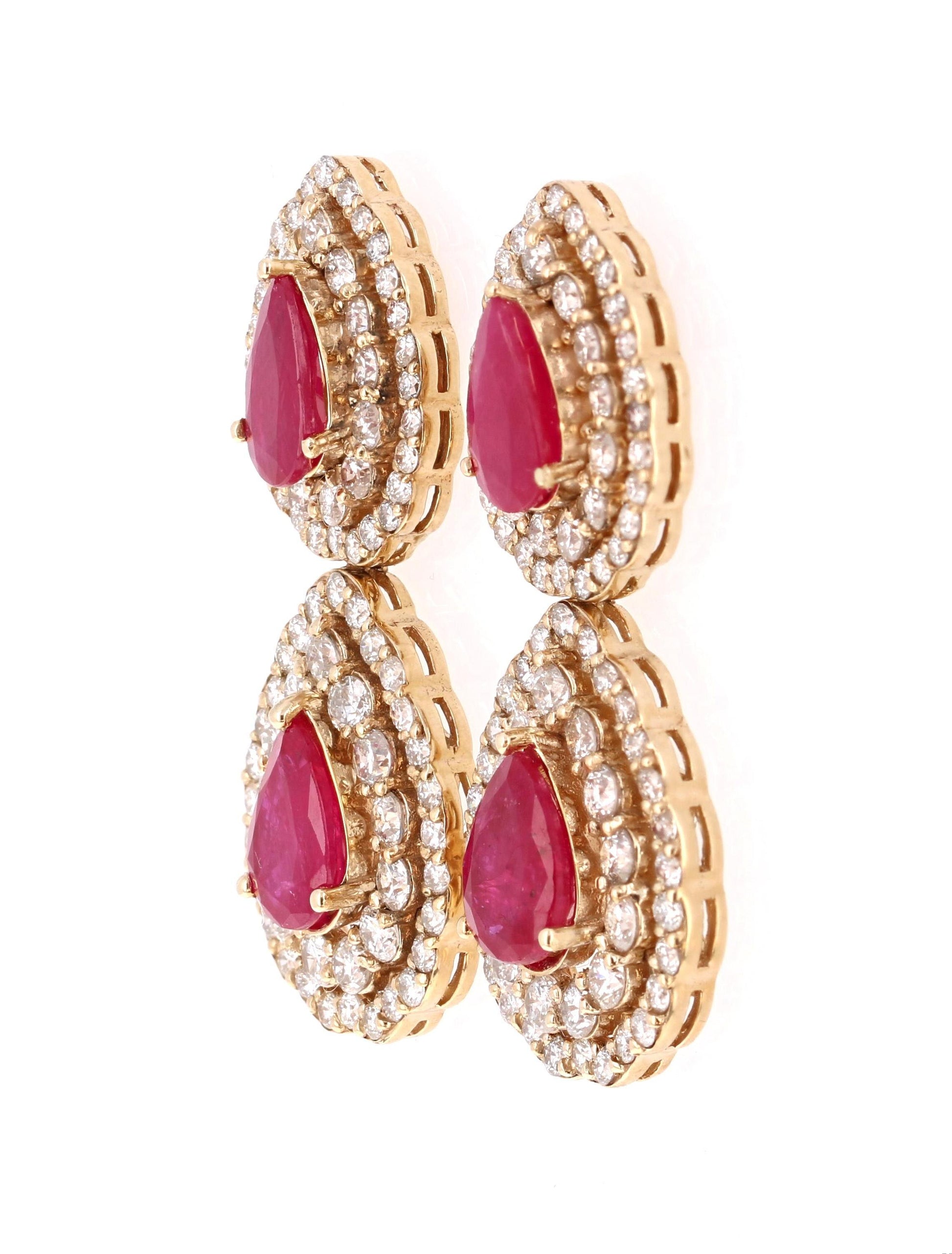 7.77 Carat Natural Ruby Diamond Yellow Gold Drop Earrings