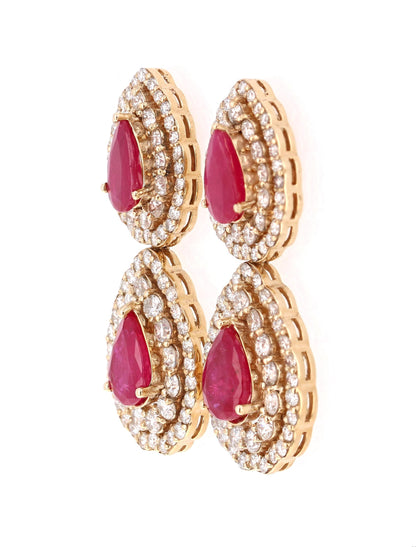 7.77 Carat Natural Ruby Diamond Yellow Gold Drop Earrings