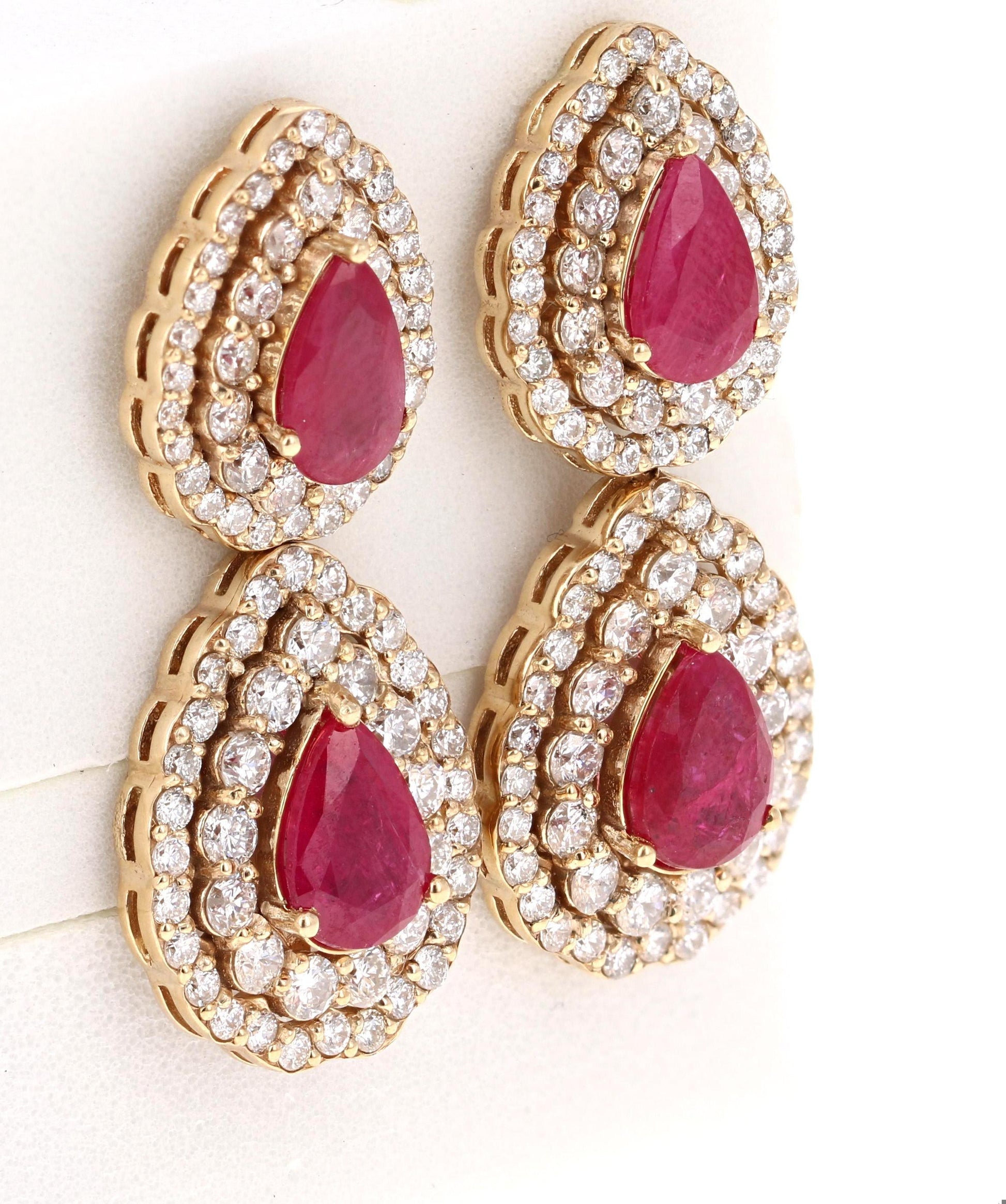 7.77 Carat Natural Ruby Diamond Yellow Gold Drop Earrings