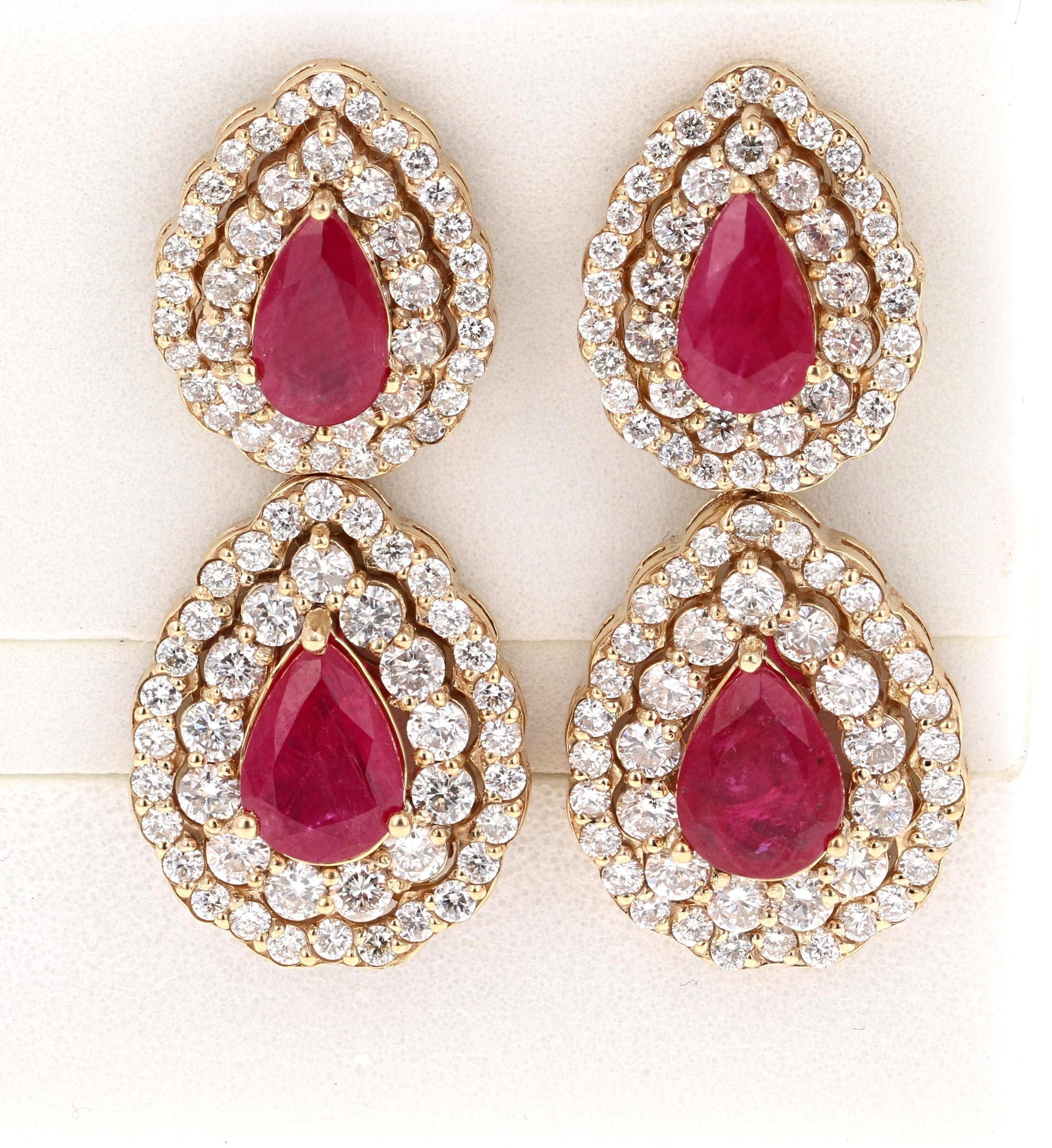 7.77 Carat Natural Ruby Diamond Yellow Gold Drop Earrings
