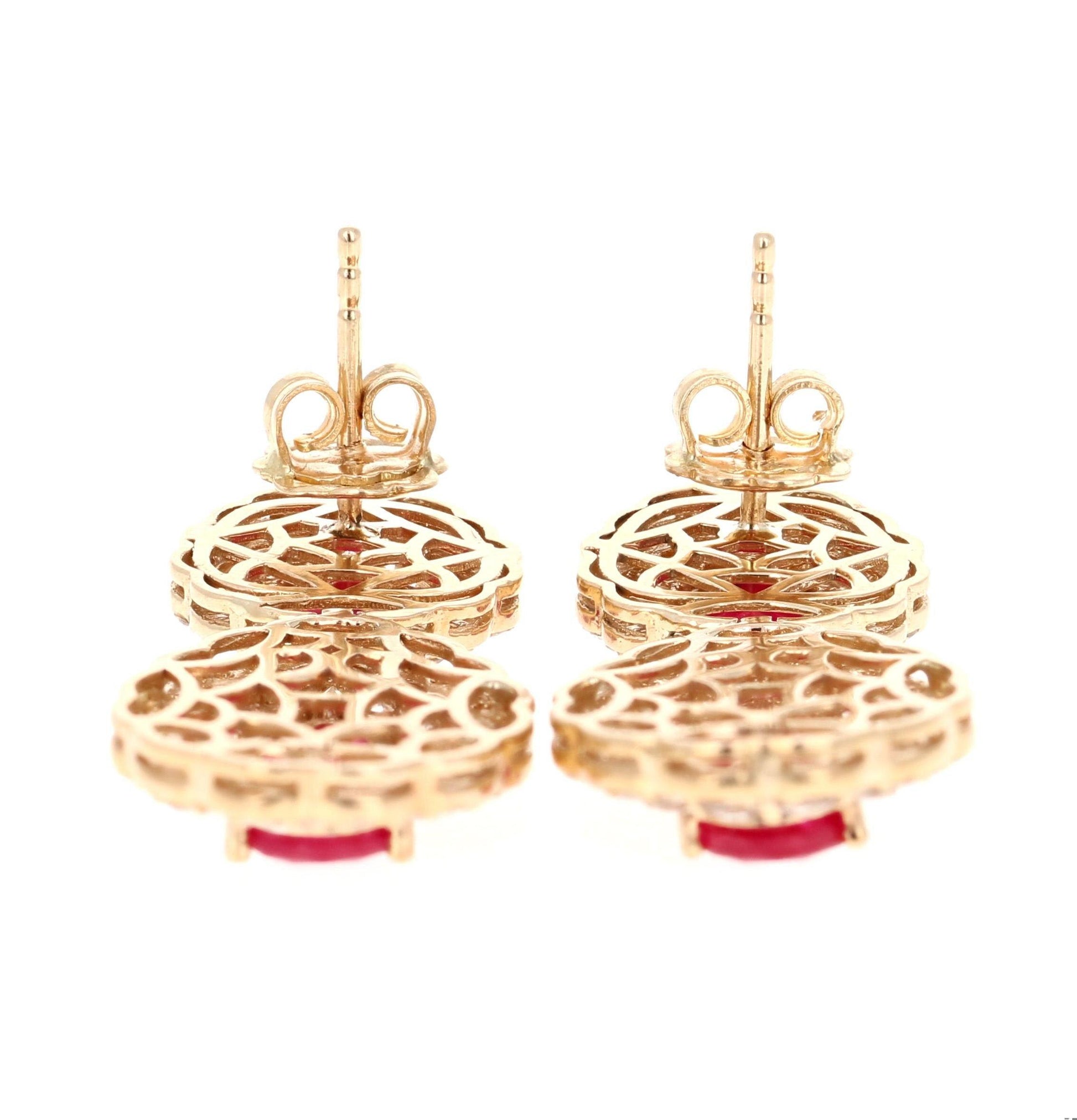 7.77 Carat Natural Ruby Diamond Yellow Gold Drop Earrings