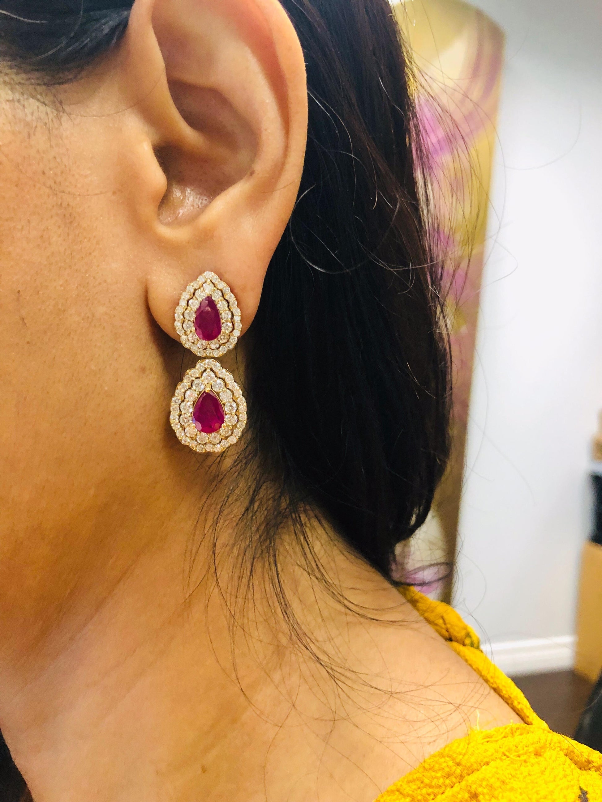 7.77 Carat Natural Ruby Diamond Yellow Gold Drop Earrings