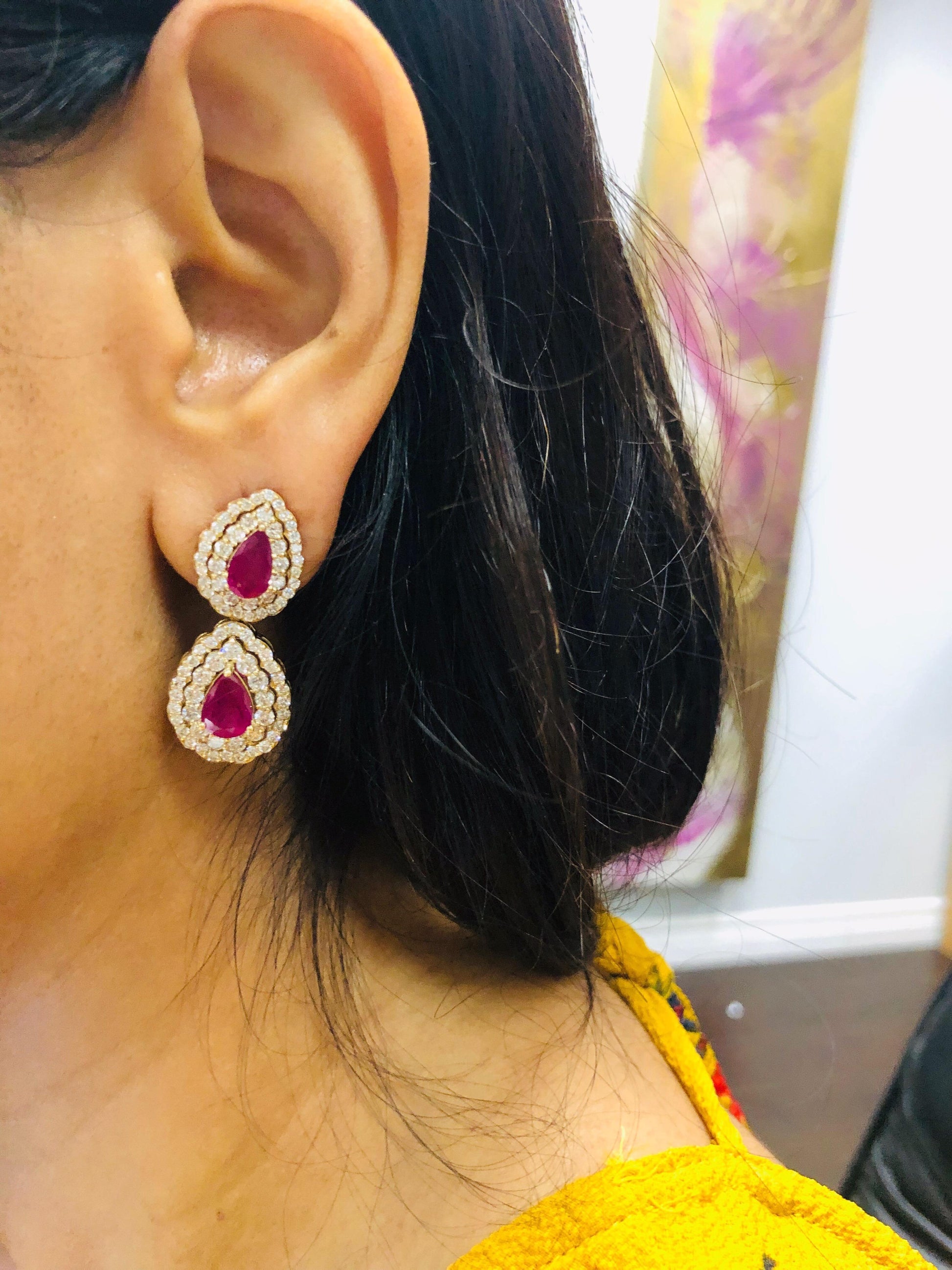 7.77 Carat Natural Ruby Diamond Yellow Gold Drop Earrings