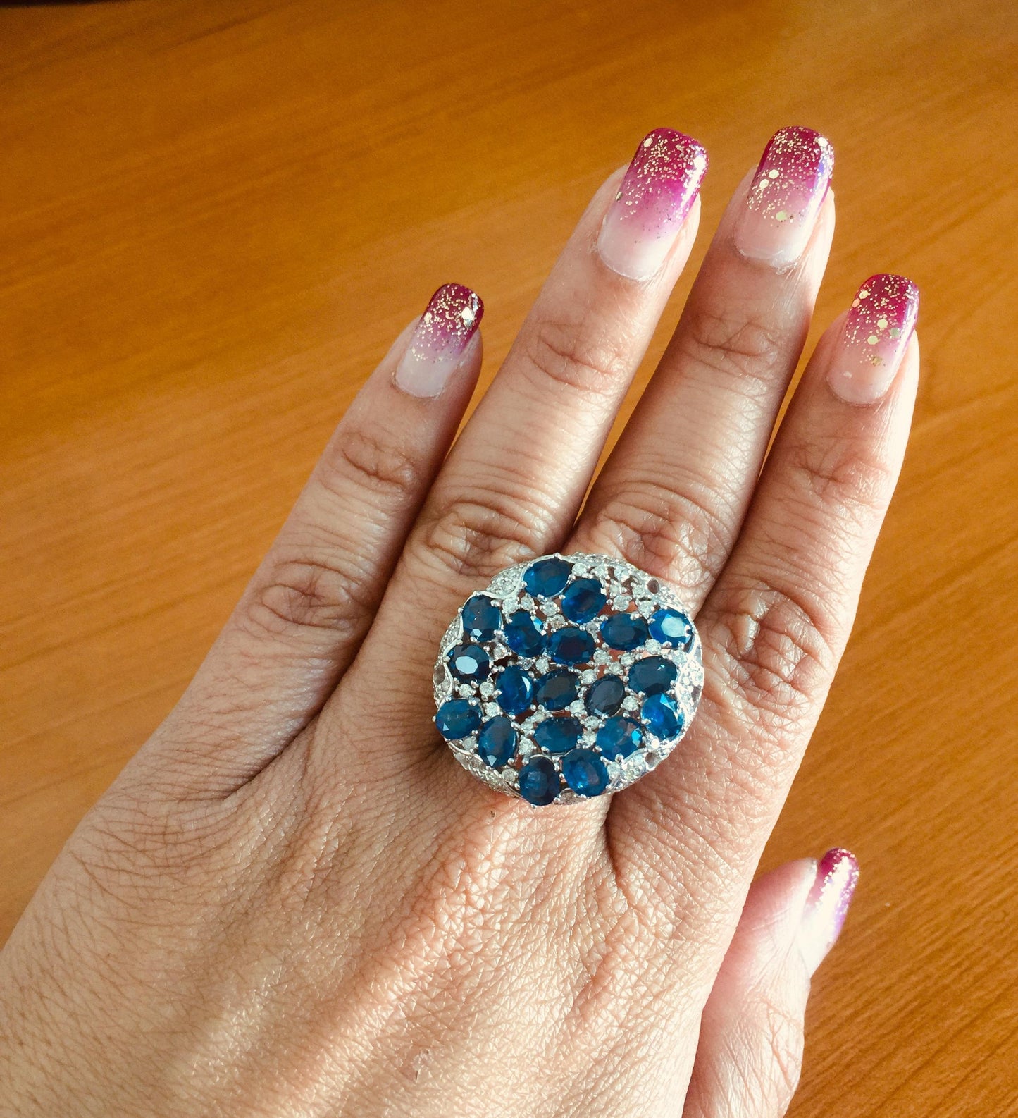 8.94 Carat Blue Sapphire Diamond Cocktail Ring 14 Karat White Gold