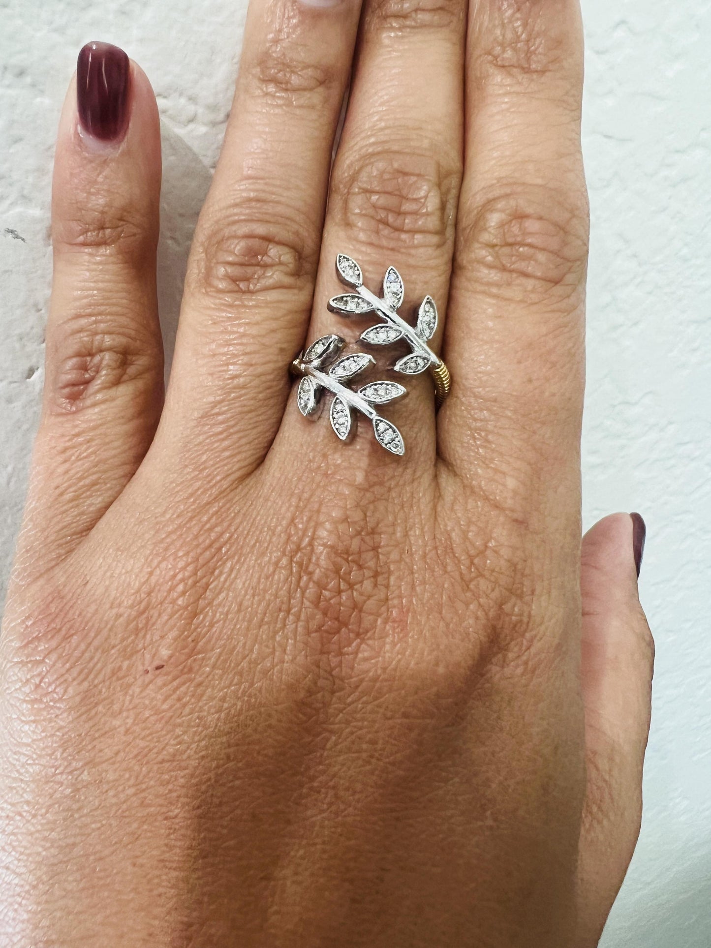 Natural Diamond 0.28 Carat Leaf Wrap White Gold Yellow Gold Statement Ring