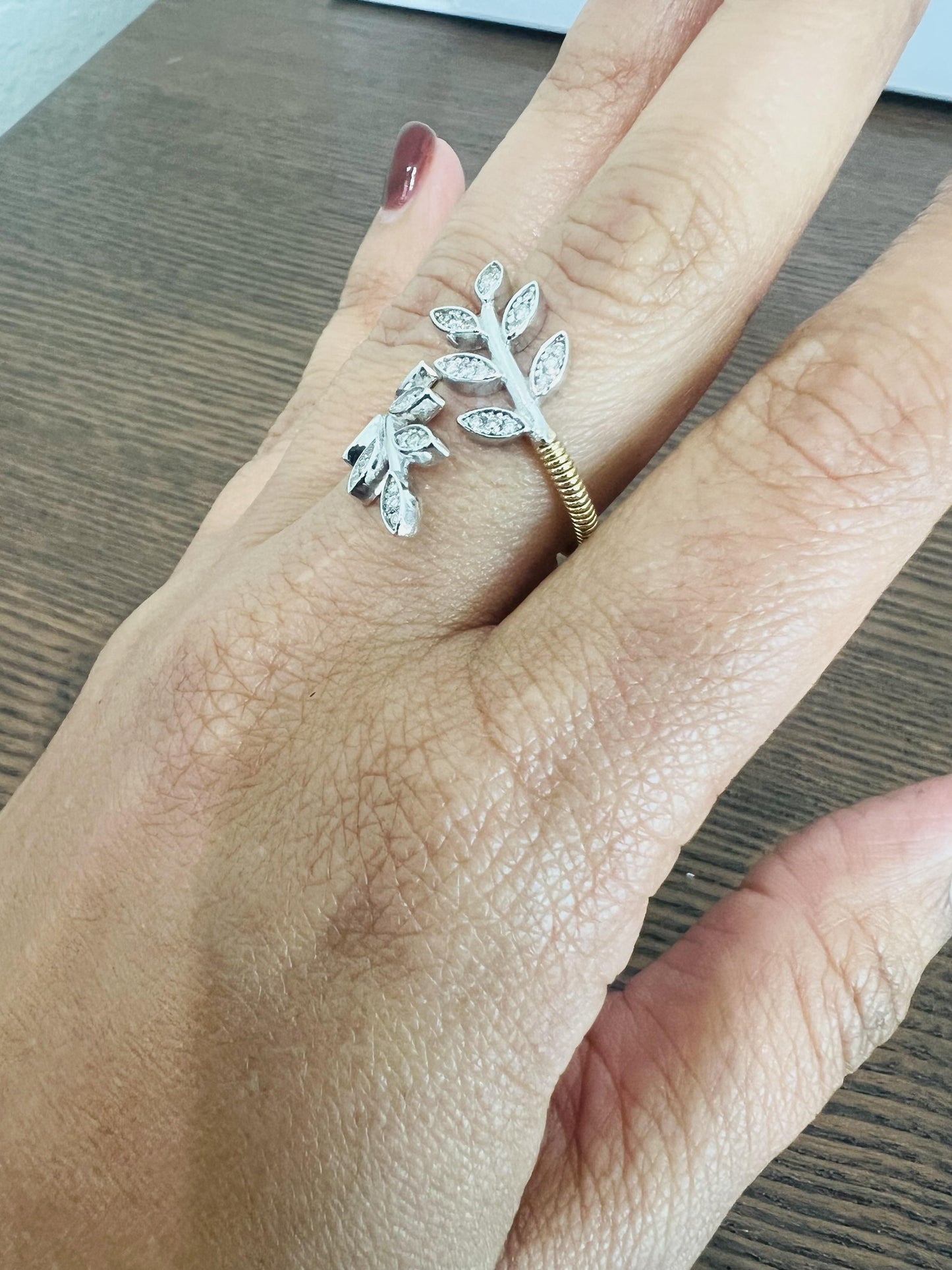 Natural Diamond 0.28 Carat Leaf Wrap White Gold Yellow Gold Statement Ring