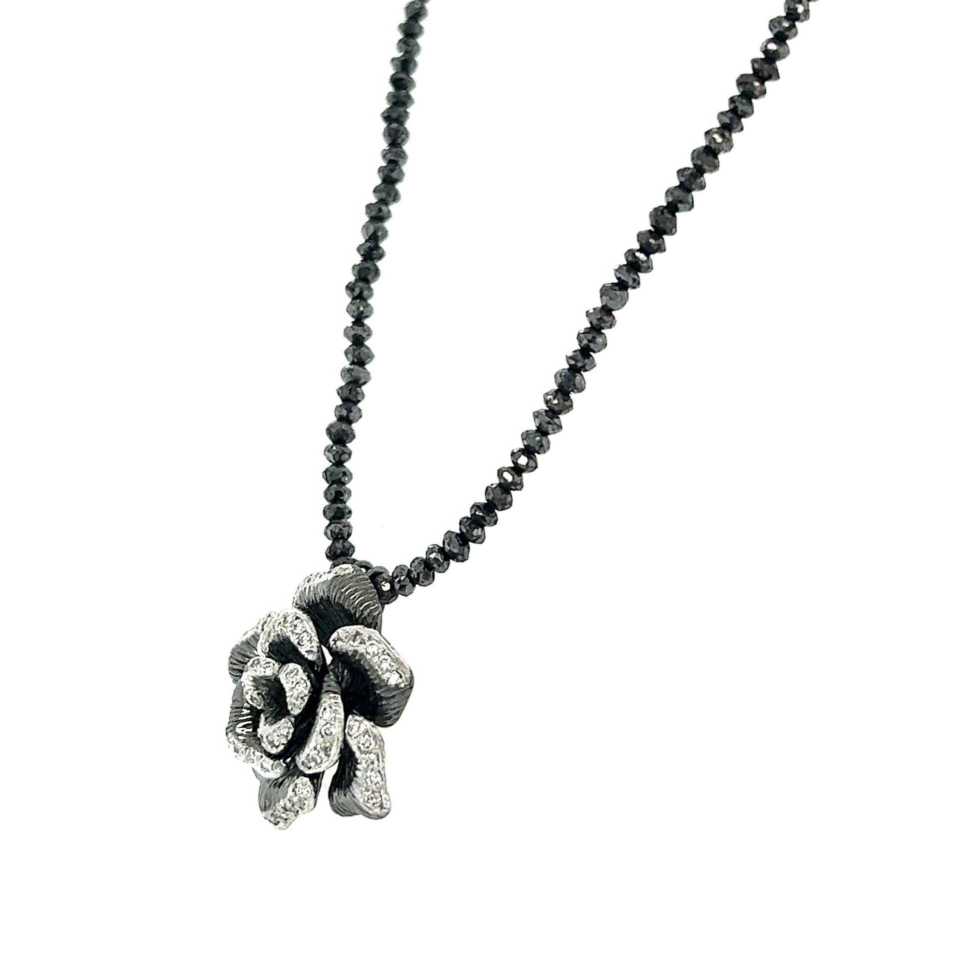 Diamond Flower Necklace Black Diamond Briolette Cut White Gold Necklace