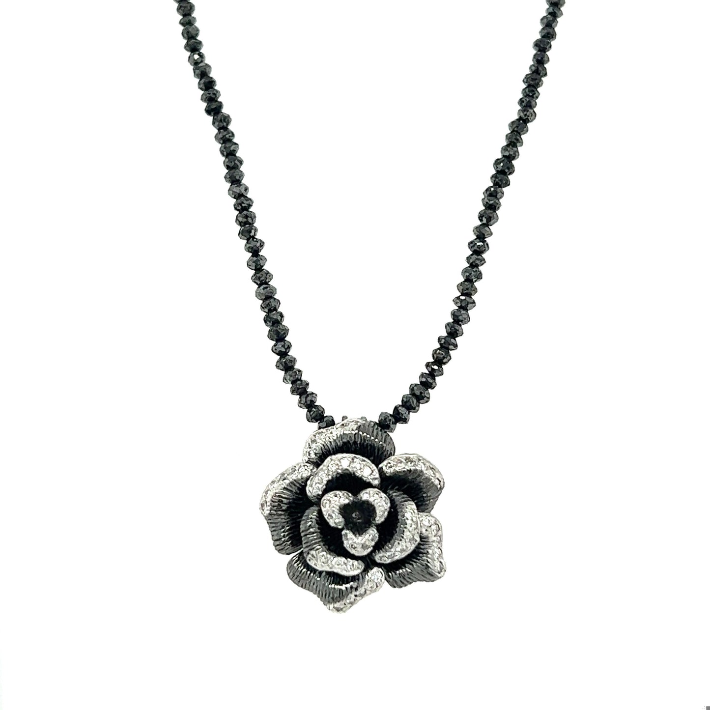 Diamond Flower Necklace Black Diamond Briolette Cut White Gold Necklace