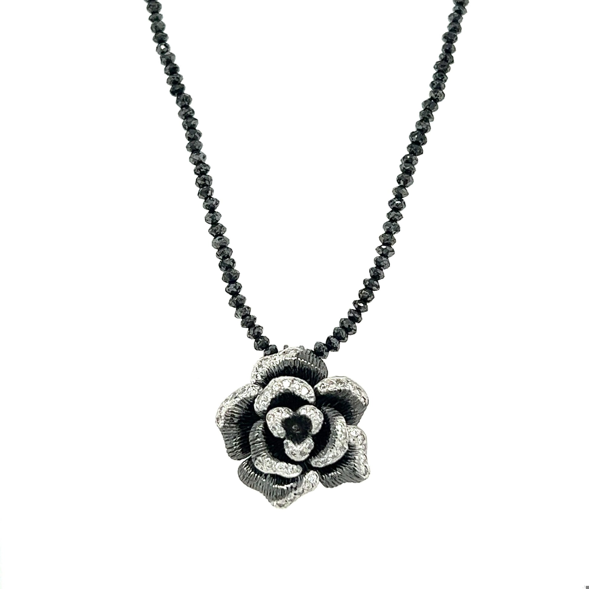 Diamond Flower Necklace Black Diamond Briolette Cut White Gold Necklace