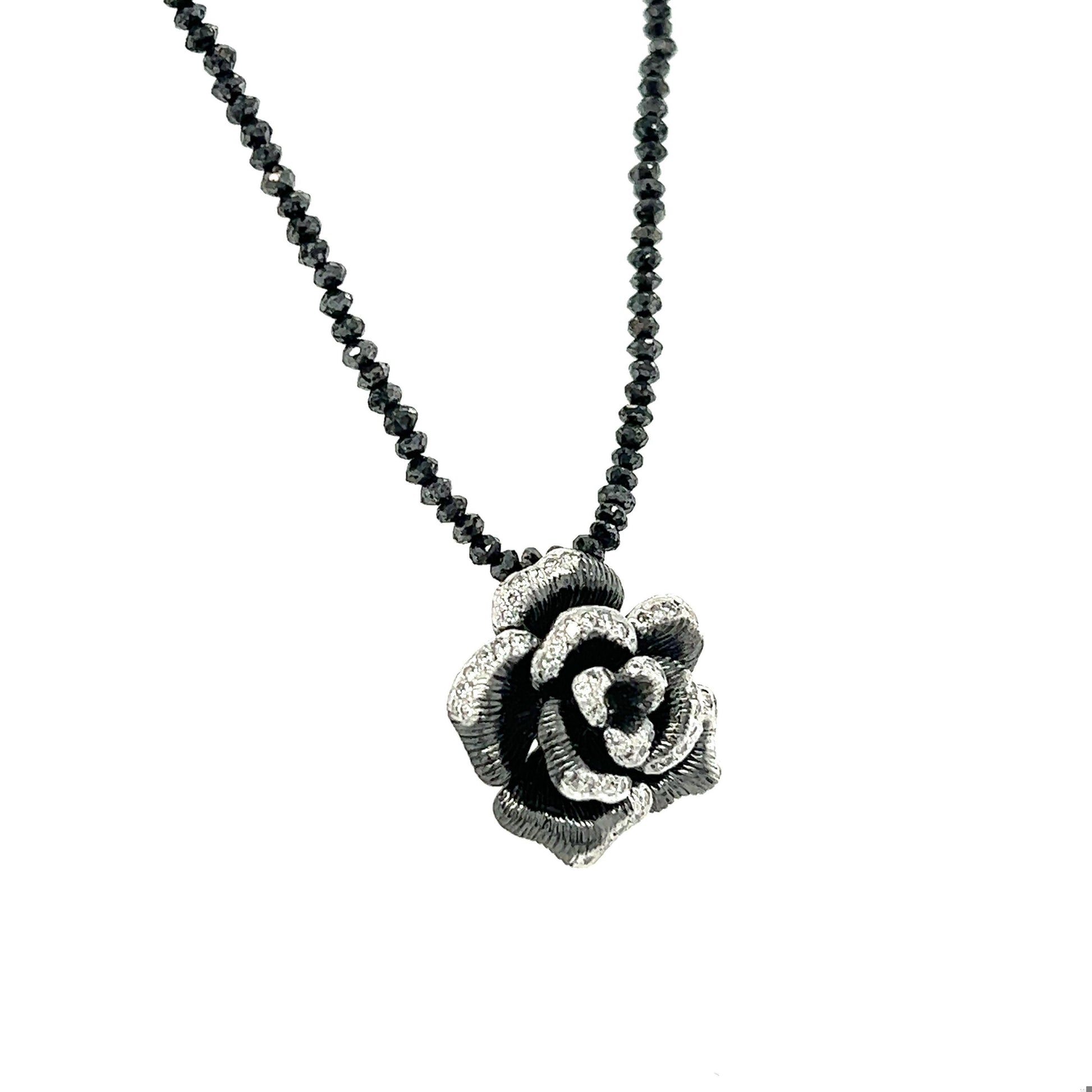 Diamond Flower Necklace Black Diamond Briolette Cut White Gold Necklace