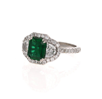 GIA Certified 2.42 Carat Emerald Diamond 18 Karat White Gold Three-Stone Ring