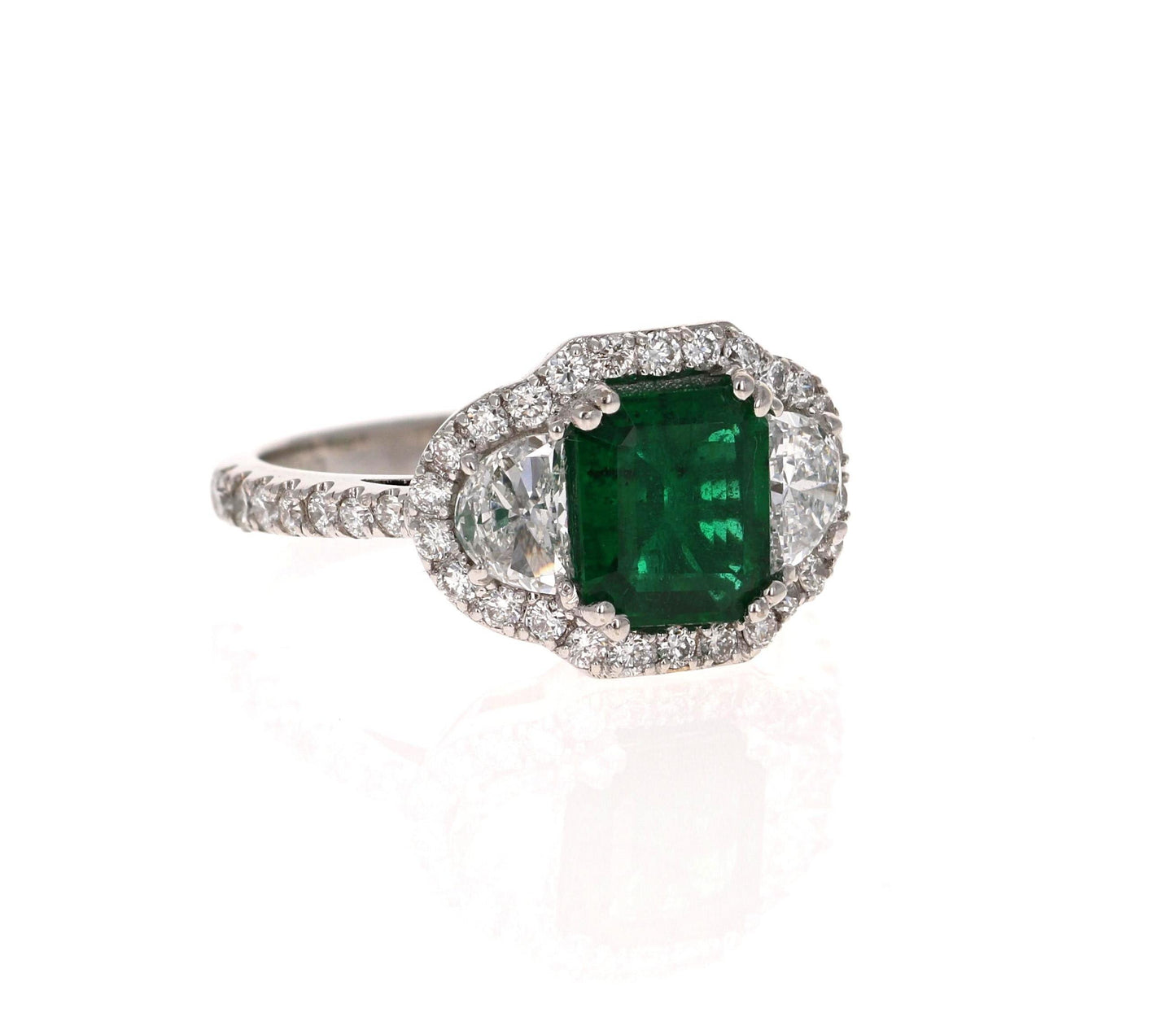 GIA Certified 2.42 Carat Emerald Diamond 18 Karat White Gold Three-Stone Ring