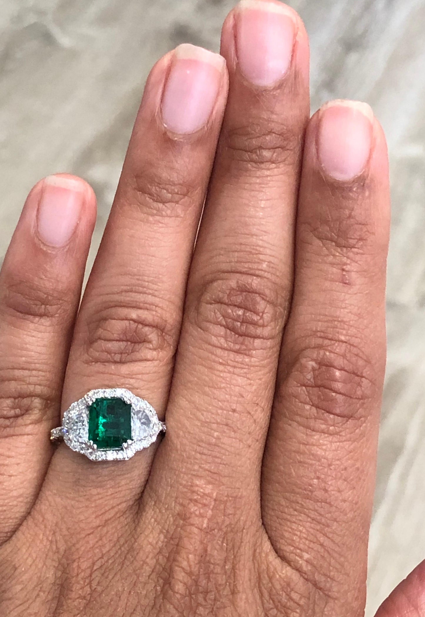 GIA Certified 2.42 Carat Emerald Diamond 18 Karat White Gold Three-Stone Ring