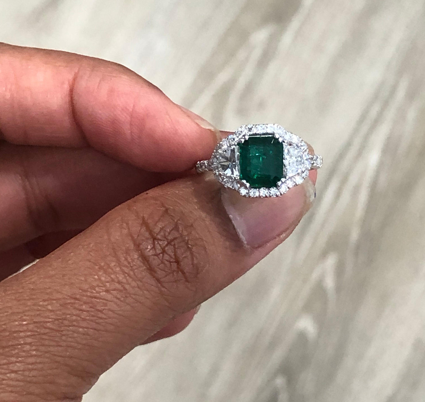 GIA Certified 2.42 Carat Emerald Diamond 18 Karat White Gold Three-Stone Ring