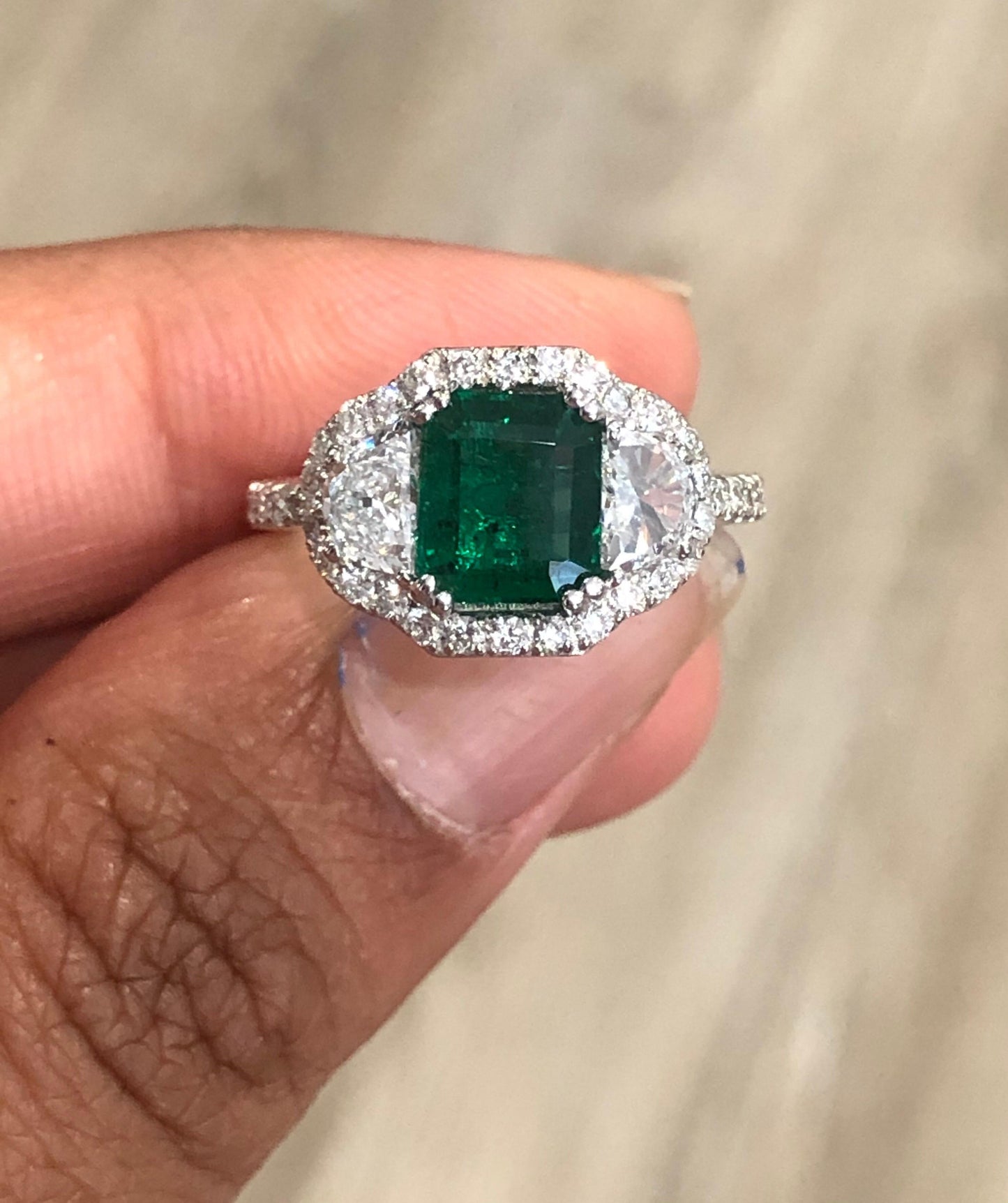 GIA Certified 2.42 Carat Emerald Diamond 18 Karat White Gold Three-Stone Ring