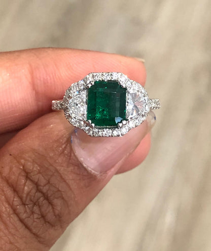 GIA Certified 2.42 Carat Emerald Diamond 18 Karat White Gold Three-Stone Ring