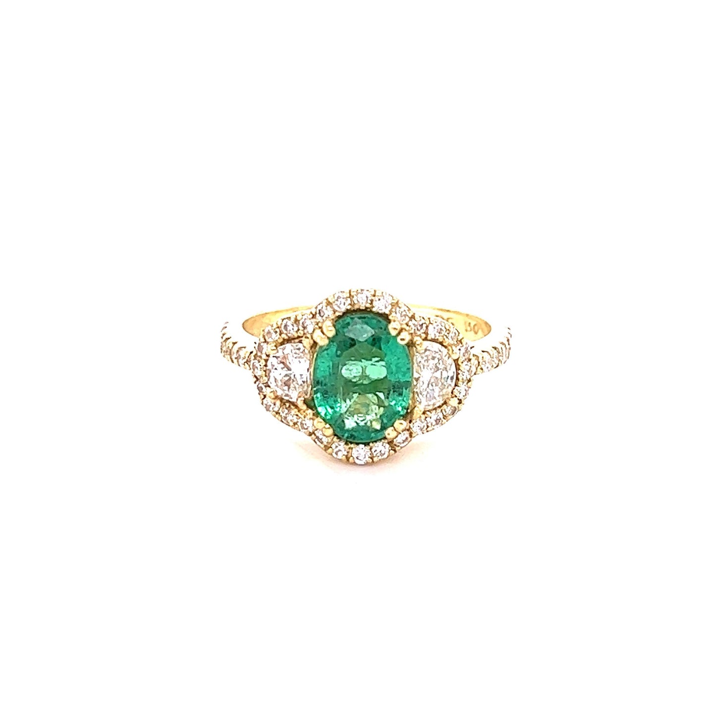 GIA Certified 2.45 Carat Emerald Diamond 18 Karat Yellow Gold Three Stone Ring
