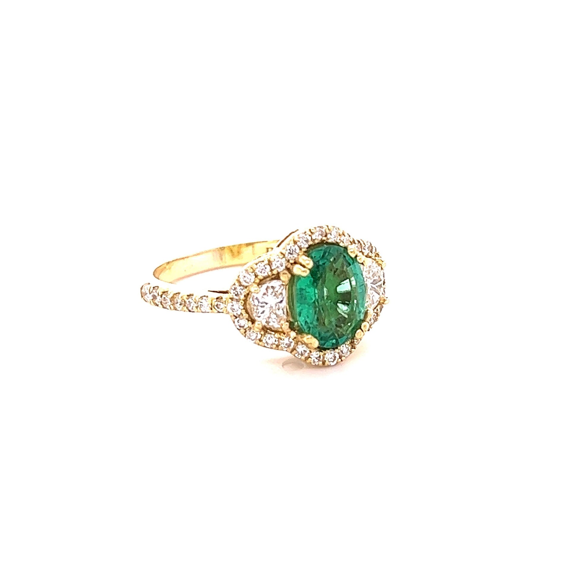 GIA Certified 2.45 Carat Emerald Diamond 18 Karat Yellow Gold Three Stone Ring