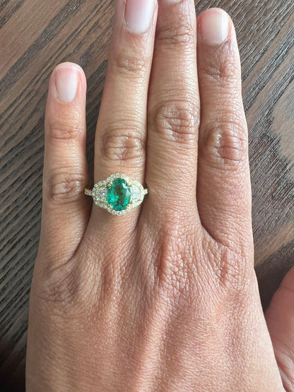 GIA Certified 2.45 Carat Emerald Diamond 18 Karat Yellow Gold Three Stone Ring