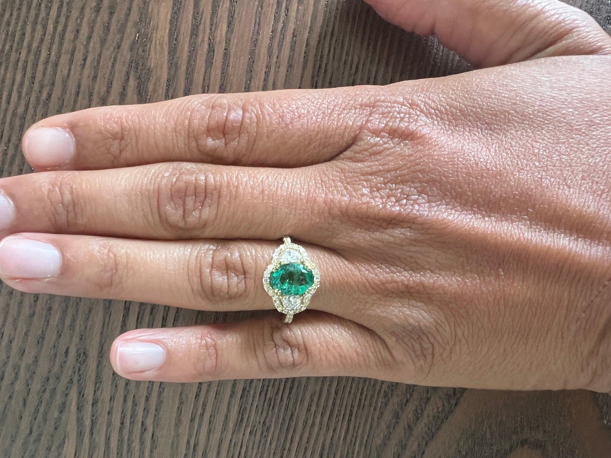 GIA Certified 2.45 Carat Emerald Diamond 18 Karat Yellow Gold Three Stone Ring